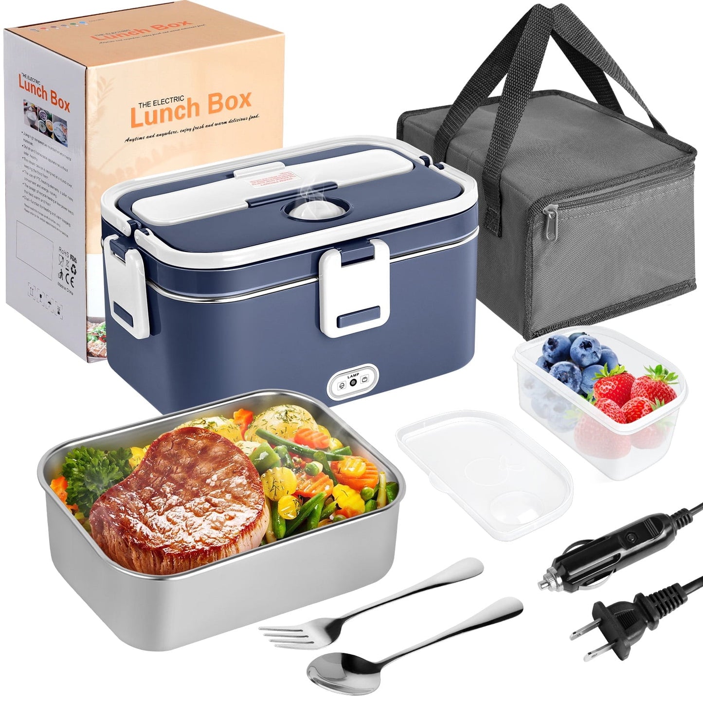 Livhil Electric Lunch Box Food Heater, Portable Food Warmer, Hot Lunch Warmer Heated Lunch Box for Adults, 60W 1.8L 12V-24V 110V Stainless Steel Container Portable Food Heater