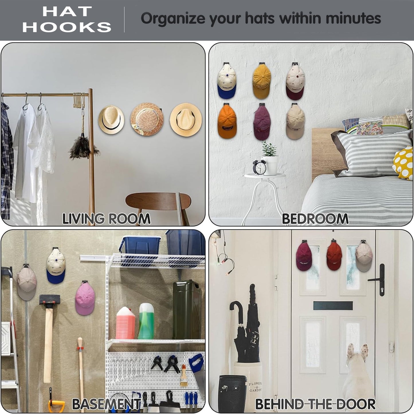 Livhil 24 Pack Adhesive Hat Hooks for Wall, Wide Brim Hat Holder Organizer, Strong Hold Hat Rack for Baseball Caps