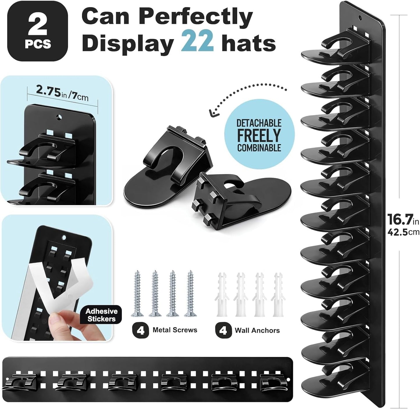 Livhil 2 Pack Hat Organizer for Baseball Caps, Detachable DIY Hat Rack Hold up to 22 Hats, Hat Holder for Wall Closet Door Bedroom (C-Black)