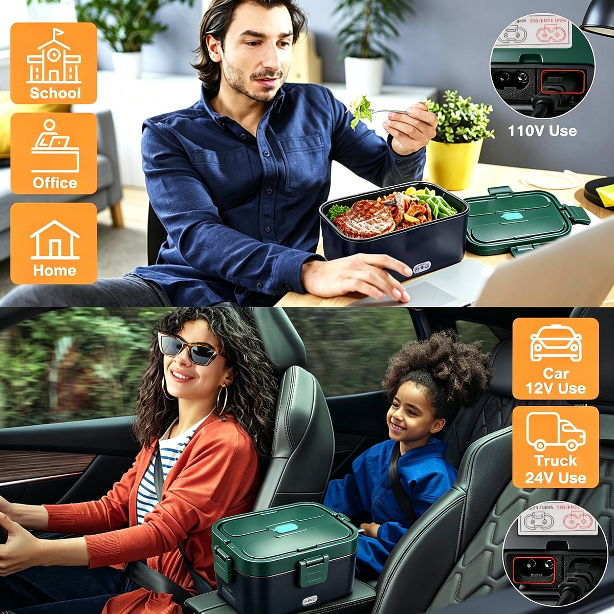 Livhil Electric Lunch Box Food Heater, Portable Food Warmer, Hot Lunch Warmer Heated Lunch Box for Adults, 60W 1.8L 12V-24V 110V Stainless Steel Container Portable Food Heater (Dark Blue Green)
