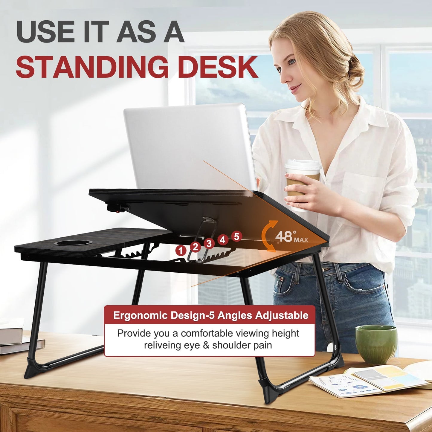 Livhil Lap Desk- Fits up to 15.6 Inch Laptop Desk, Foldable Bed Tray Breakfast Table with 5 Angles Tilting Top