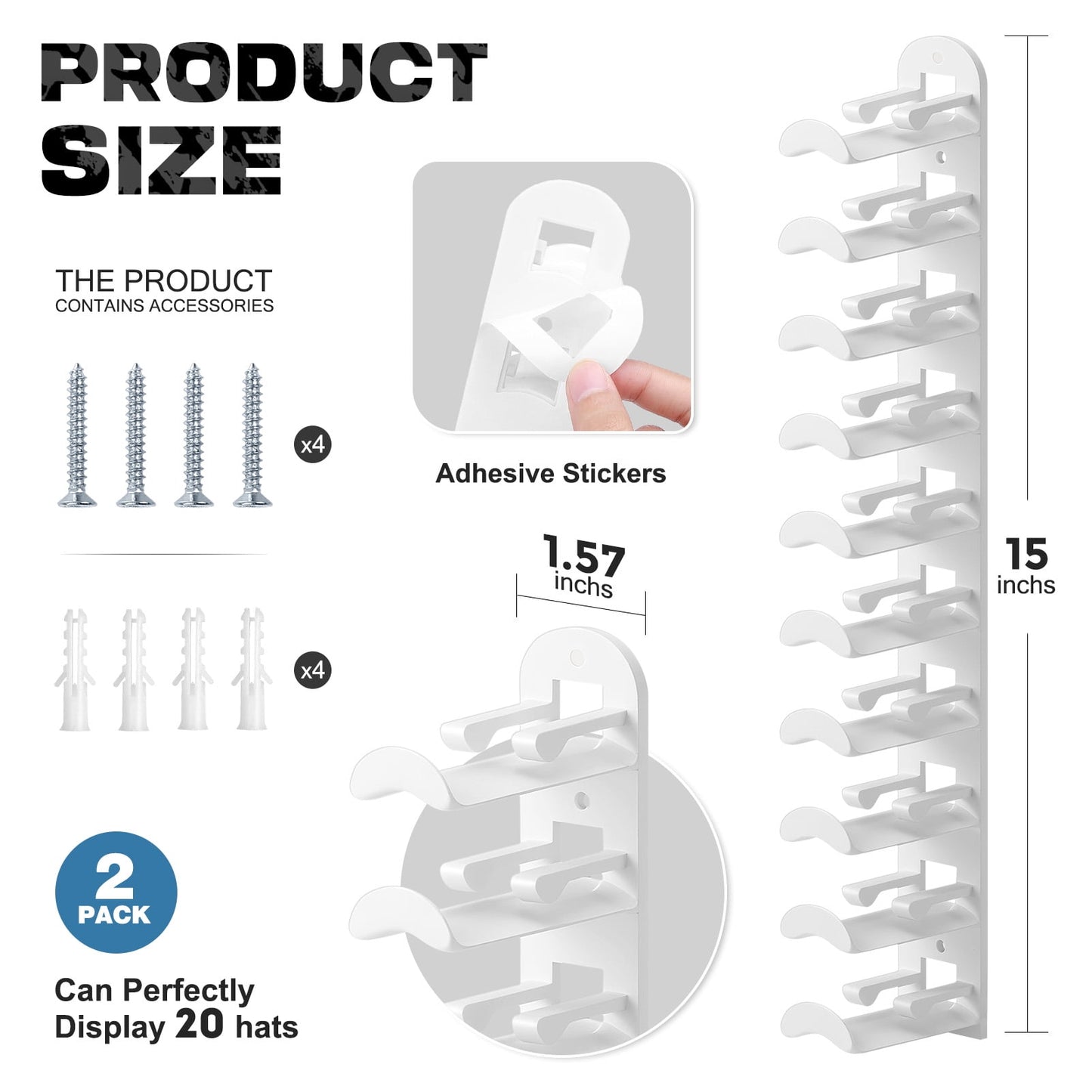 Livhil 2 Pack Hat Rack for Baseball Caps, Adhesive Hat Holder for Wall, Baseball Hat Storage Hold Up to 20 Hats