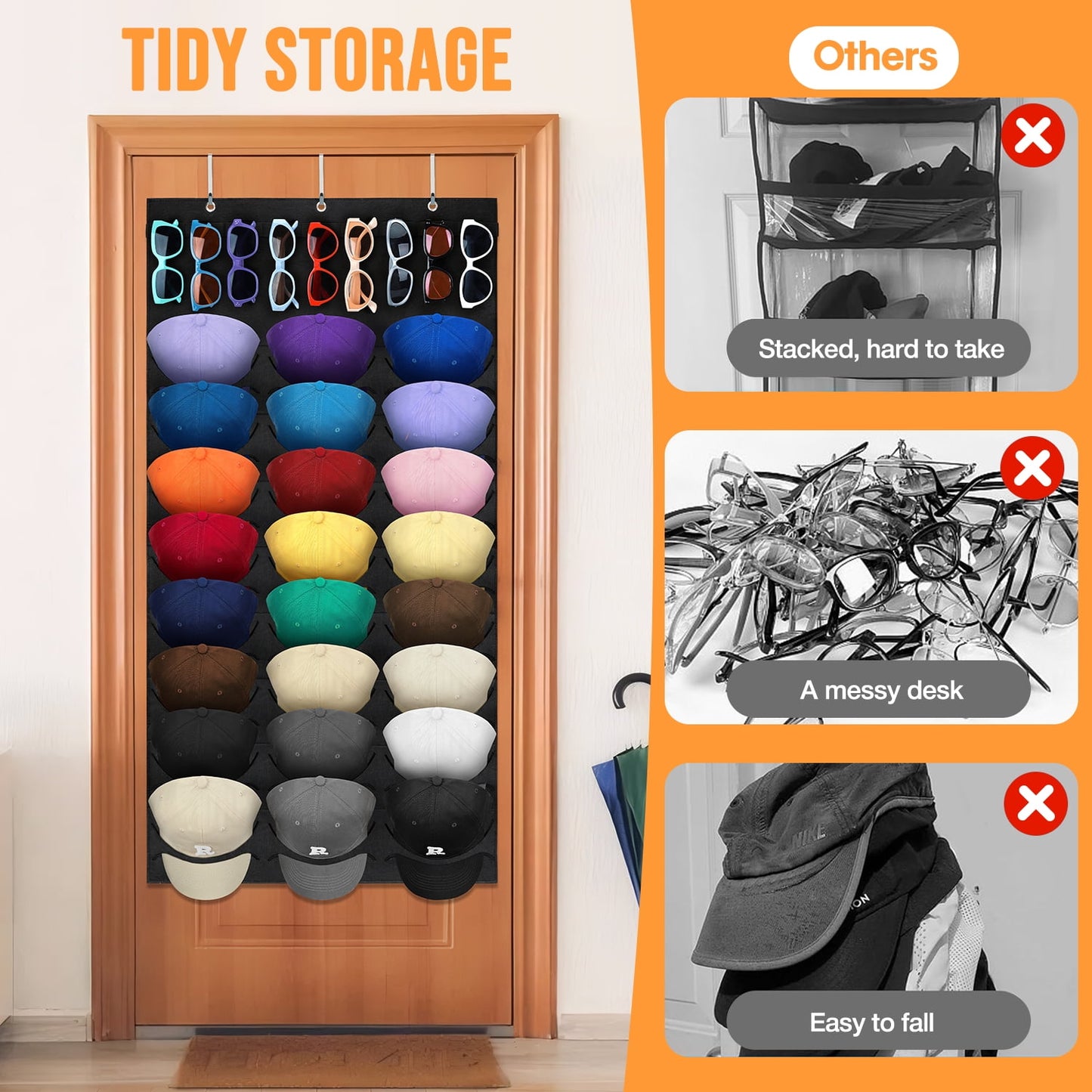 Livhil Over The Door Hat Organizer, Hat Storage for Baseball Cap with 24 Pockets, Visible Hat Holder for Hanging and Display Ball Cap Sunglass