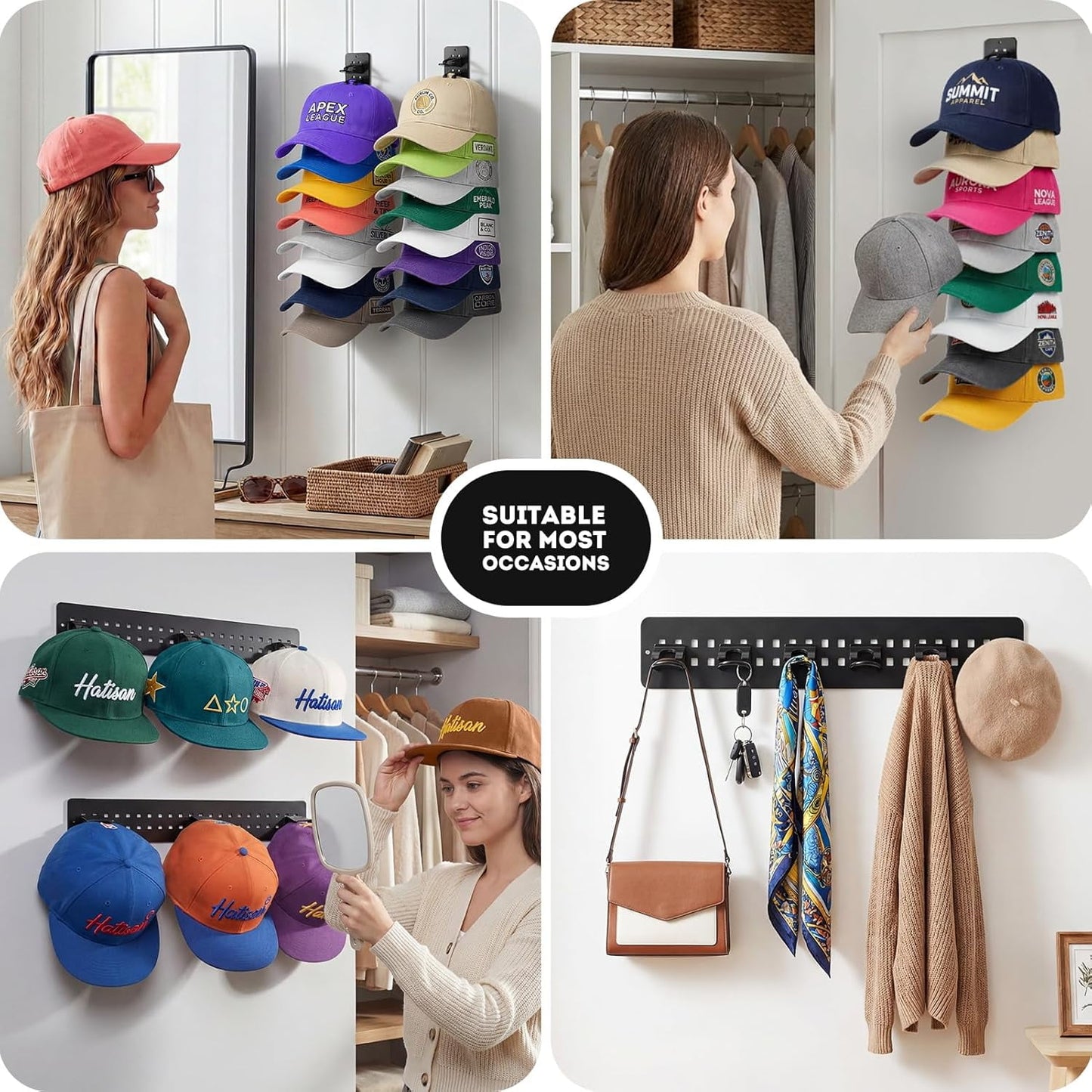 Livhil 2 Pack Hat Organizer for Baseball Caps, Detachable DIY Hat Rack Hold up to 22 Hats, Hat Holder for Wall Closet Door Bedroom (C-Black)