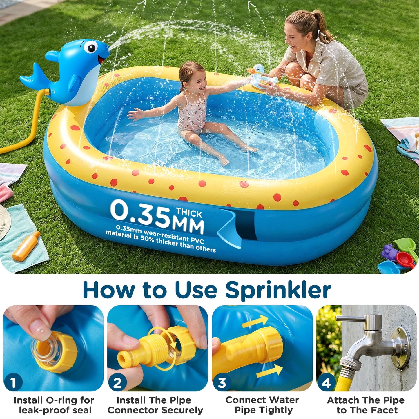 Livhil Inflatable Swimming Pool for Kids with Sprinkler, Kiddie pools 67x41x32in Family Size Backyard Summer Water Play