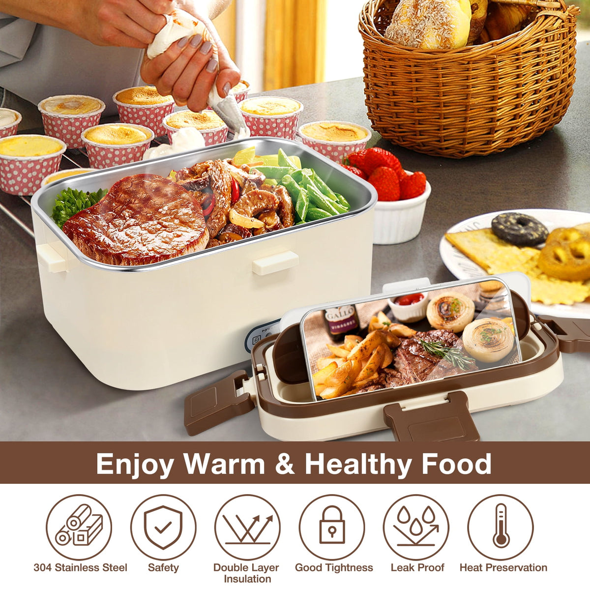 Livhil Electric Lunch Box Food Heater, Portable Food Warmer, Hot Lunch Warmer Heated Lunch Box for Adults, 60W 1.8L 12V-24V 110V Stainless Steel Container Portable Food Heater (Dark Blue Green)