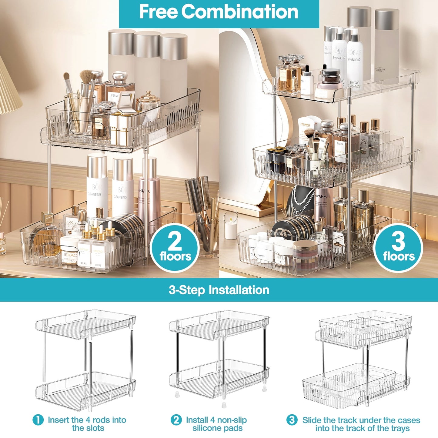 Livhil Under Sink Organizer, 2 Tier Pull Out Clear Under Sink Storage with 3 Removable Dividers, Bathroom Cabinet Organizer Shelf , Stackable Pantry Organization and Storage (11.6×7.7×10.2in）