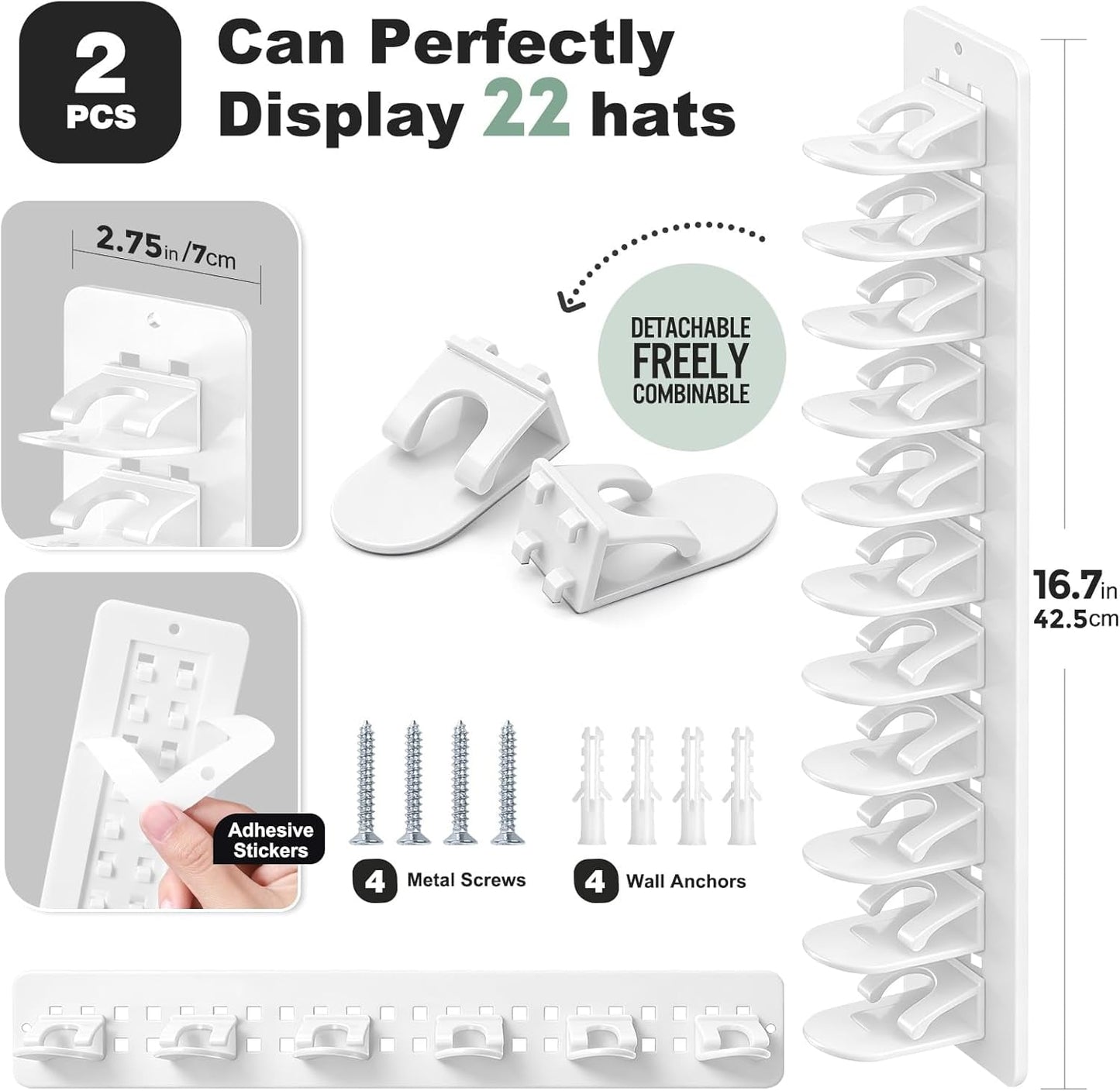 Livhil 2 Pack Hat Organizer for Baseball Caps, Detachable DIY Hat Rack Hold up to 22 Hats, Hat Holder for Wall Closet Door Bedroom (C-Black)