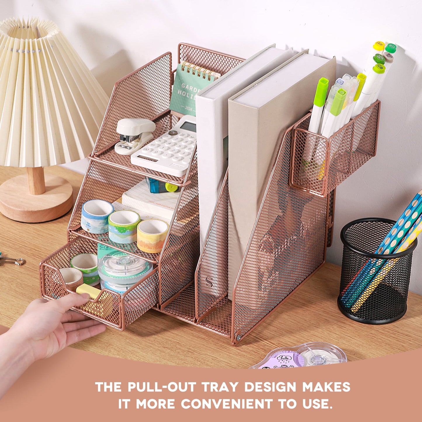 Livhil Desk Organizer Office Accessories, Workspace Rose Gold Desktop Organizer, File Organizer for Desk Drawer Organizer