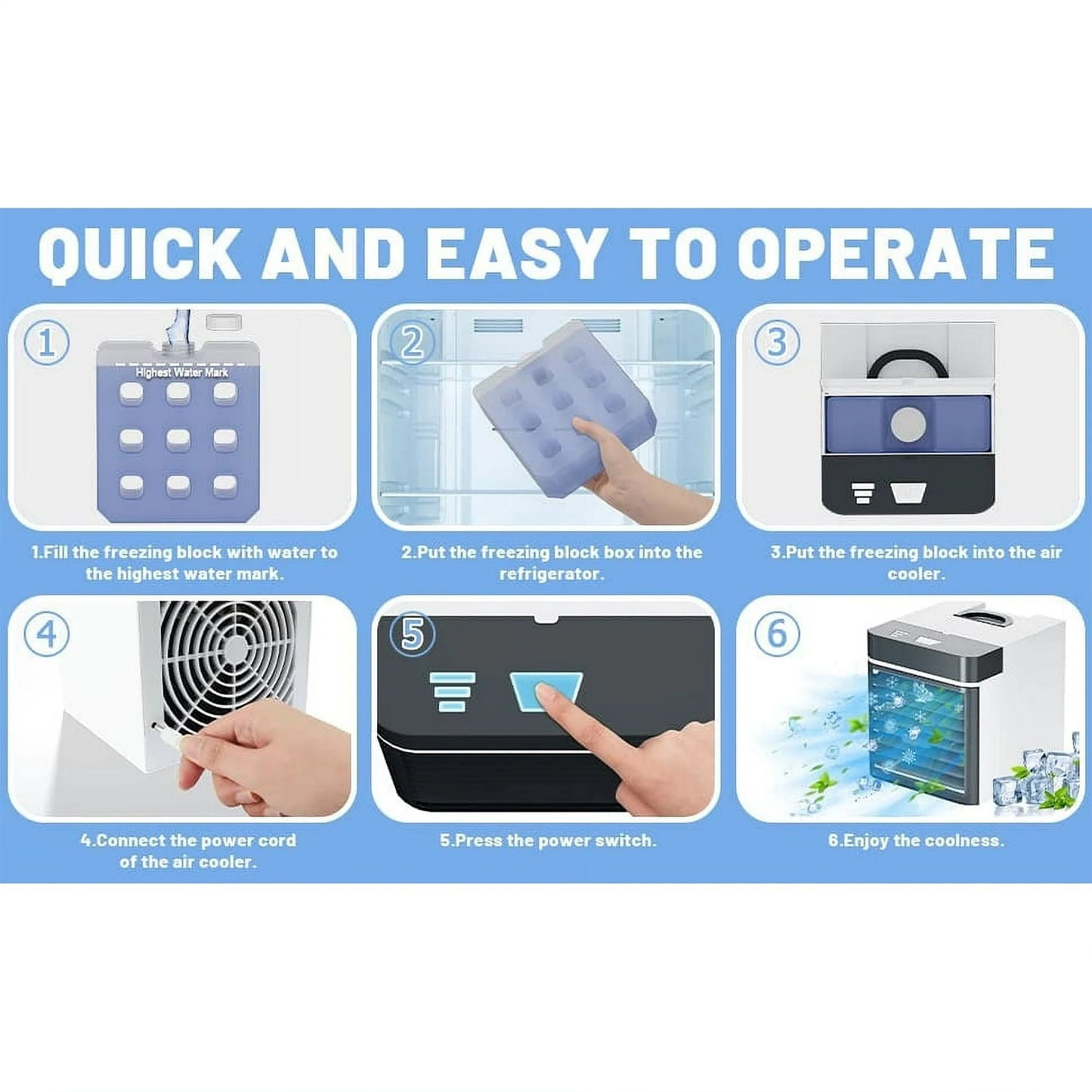 Livhil Portable Air Conditioners Fan, Anti-leakage Water Mini Air Cooler with 3 Speeds, Personal Ice Air Conditioner for Room Desk Office Home Tent