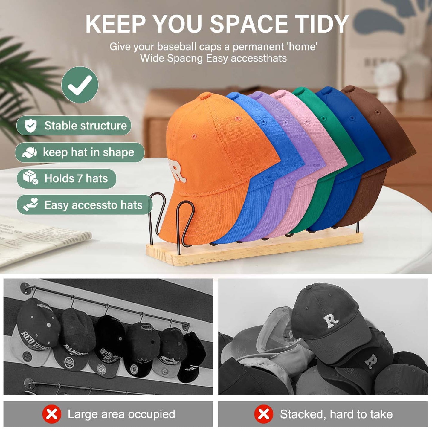 Livhil Hat Organizer for Baseball Caps, Premium Wood and Metal Design Tabletop Hat Stand for Baseball Caps, Hat Rack for Closet