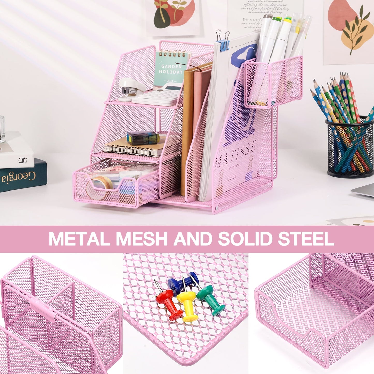 Livhil Desk Organizer Office Accessories, Workspace Rose Gold Desktop Organizer, File Organizer for Desk Drawer Organizer