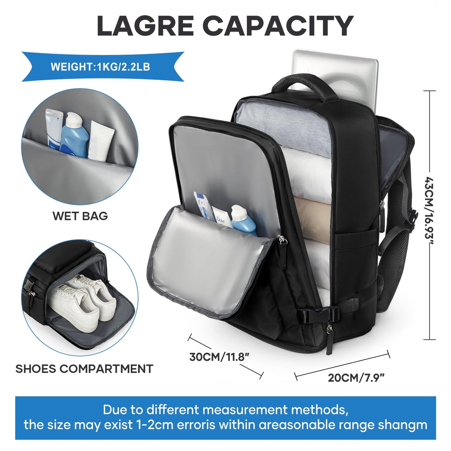 Livhil Travel Backpack for Women & Men, Travel Backpack Carry on Flight Approved Fits 16" Laptop, Black