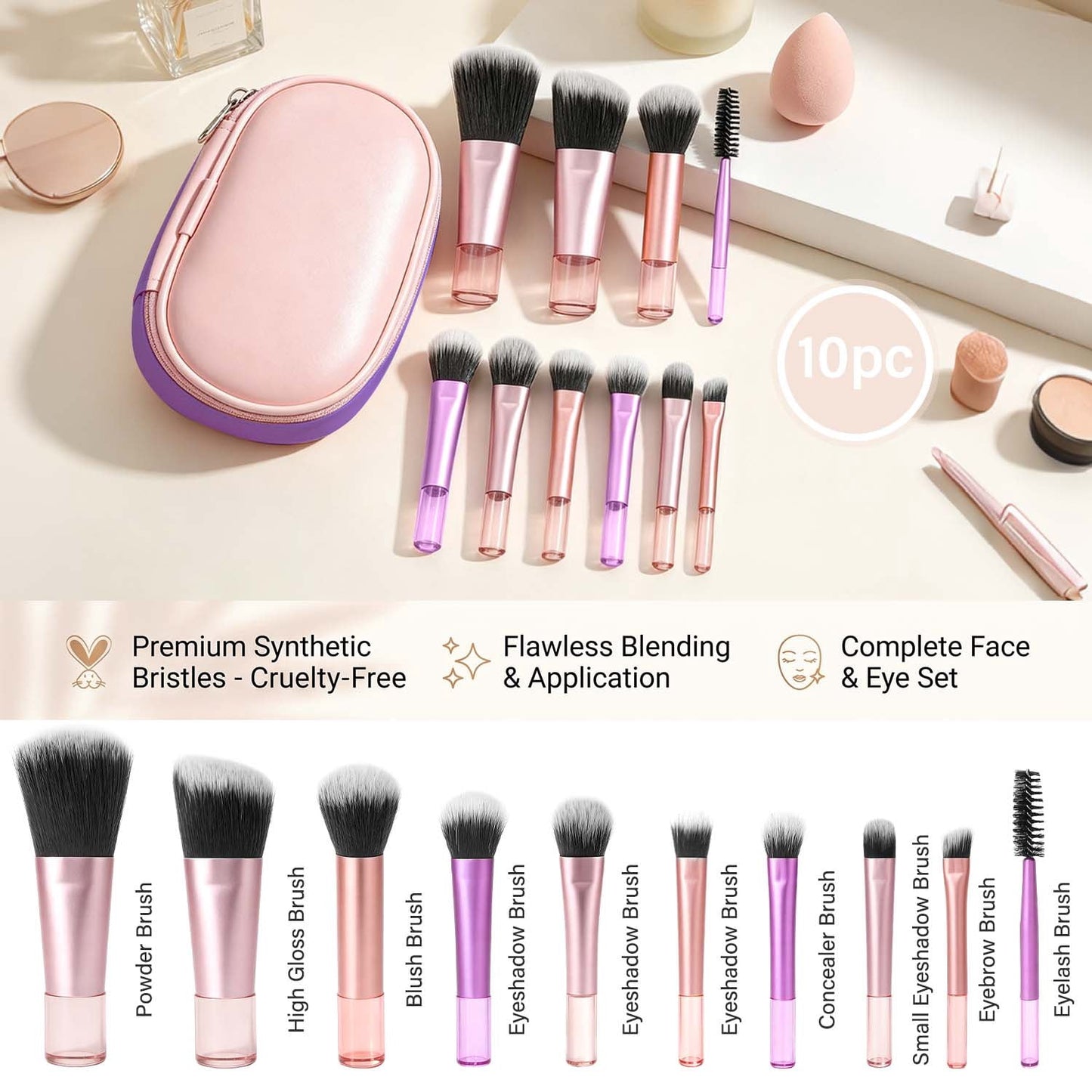 Livhil 10pcs Portable Travel Makeup Brush Set, Function Mini Makeup Brushes with Pouch