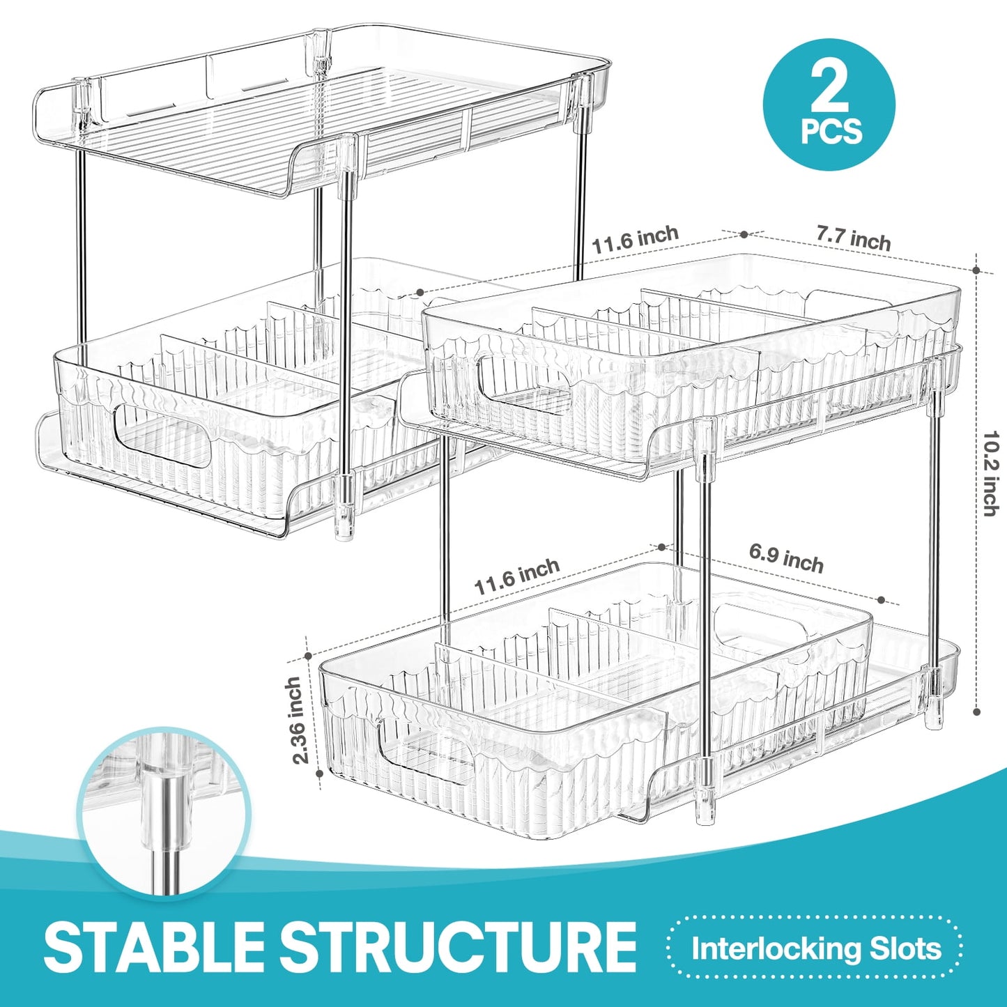 Livhil Under Sink Organizer, 2 Tier Pull Out Clear Under Sink Storage with 3 Removable Dividers, Bathroom Cabinet Organizer Shelf , Stackable Pantry Organization and Storage (11.6×7.7×10.2in）