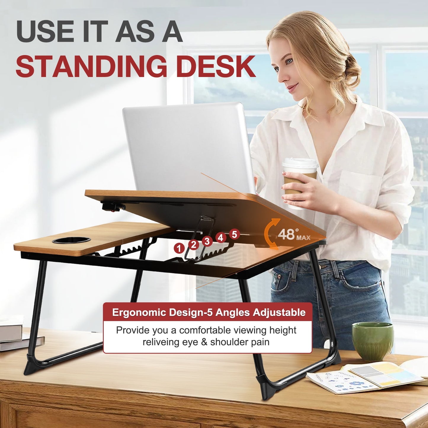 Livhil Lap Desk- Fits up to 15.6 Inch Laptop Desk, Foldable Bed Tray Breakfast Table with 5 Angles Tilting Top