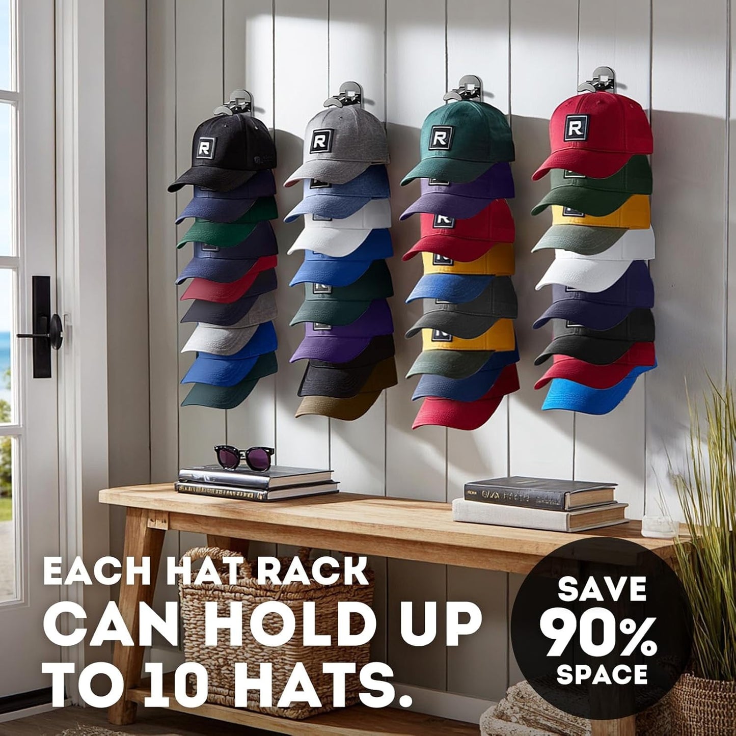Livhil 2 Pack Hat Rack for Baseball Caps, Adhesive Hat Holder for Wall, Baseball Hat Storage Hold Up to 20 Hats