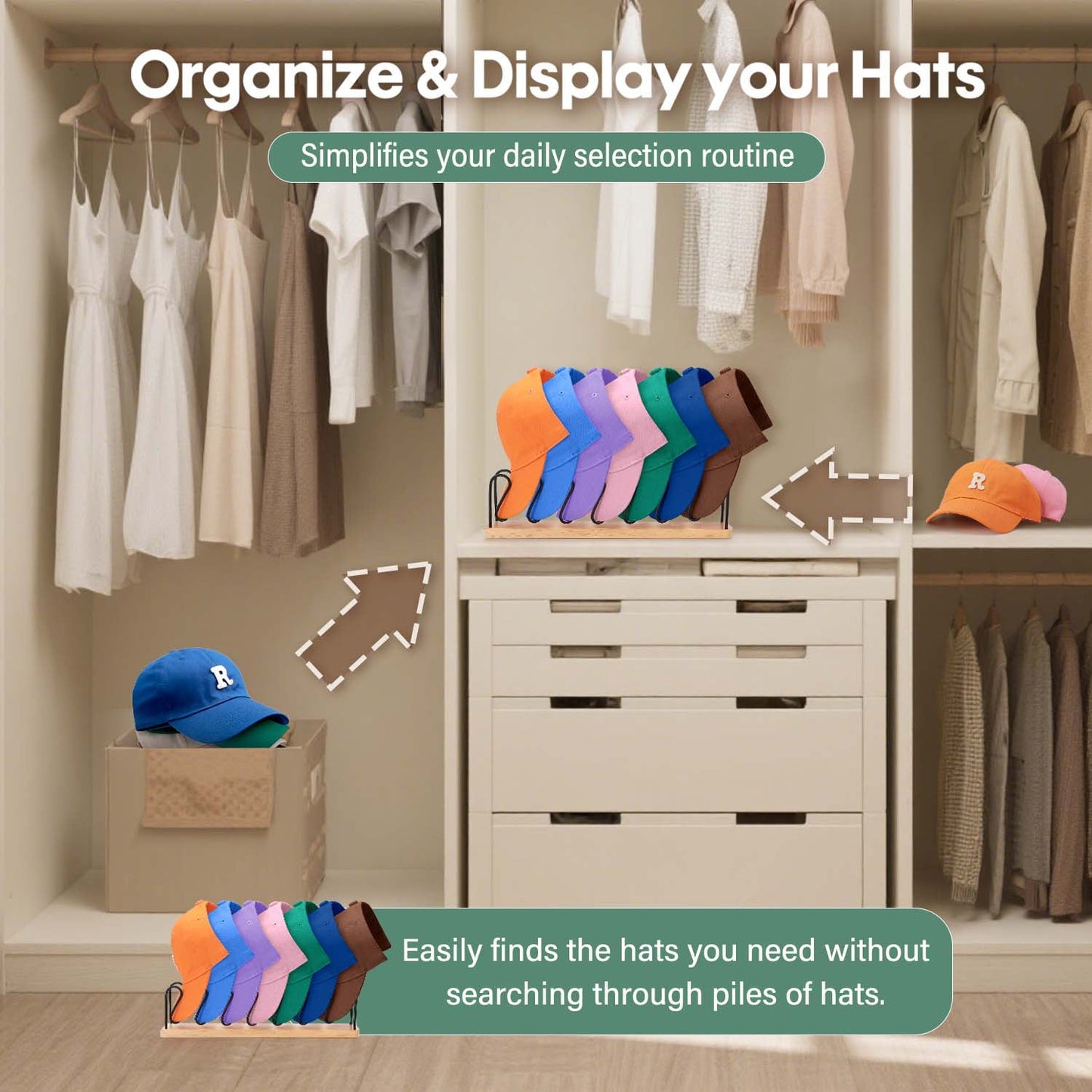 Livhil Hat Organizer for Baseball Caps, Premium Wood and Metal Design Tabletop Hat Stand for Baseball Caps, Hat Rack for Closet