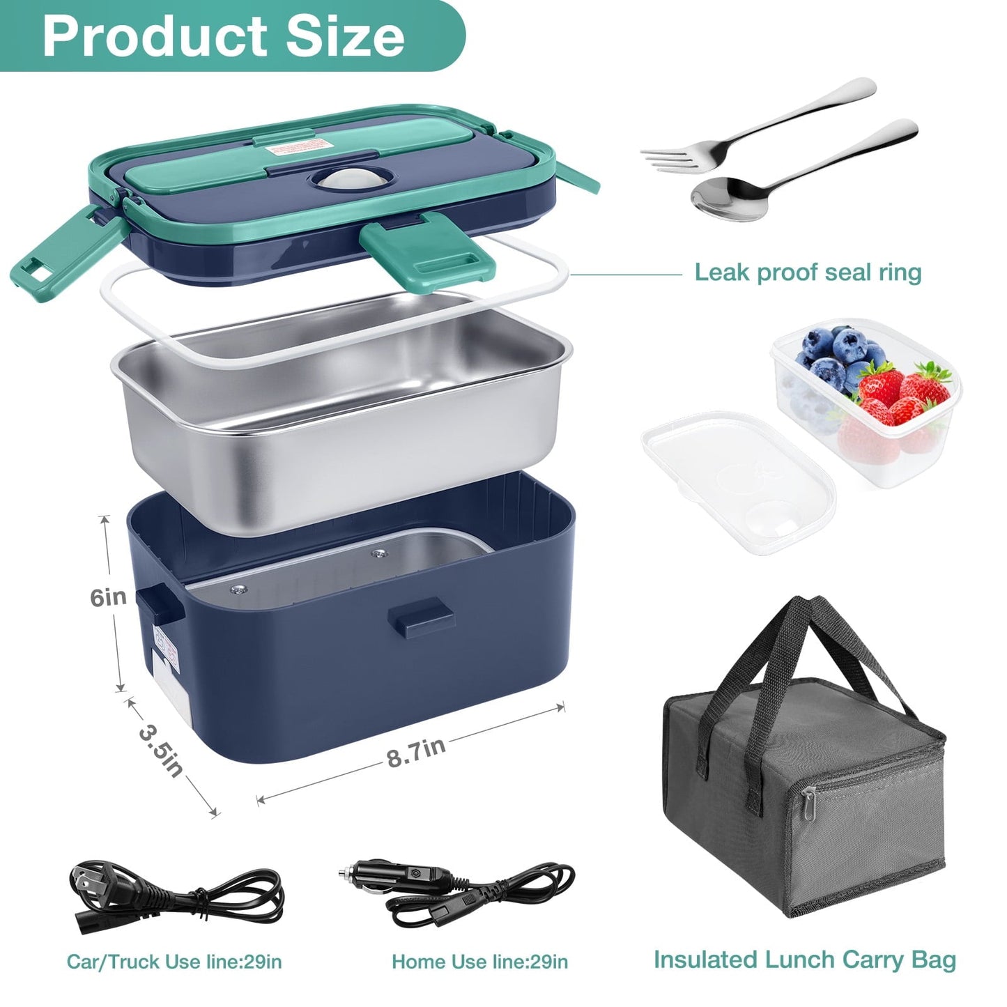 Livhil Electric Lunch Box Food Heater, Portable Food Warmer, Hot Lunch Warmer Heated Lunch Box for Adults, 60W 1.8L 12V-24V 110V Stainless Steel Container Portable Food Heater