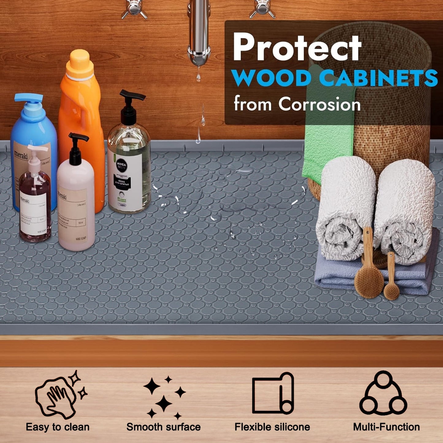 Livhil Under Sink Mat for Kitchen Waterproof, 34"x 22" Silicone Sink Mat Cabinet Liner for Bathroom Under Sink Mat with Raised Edge