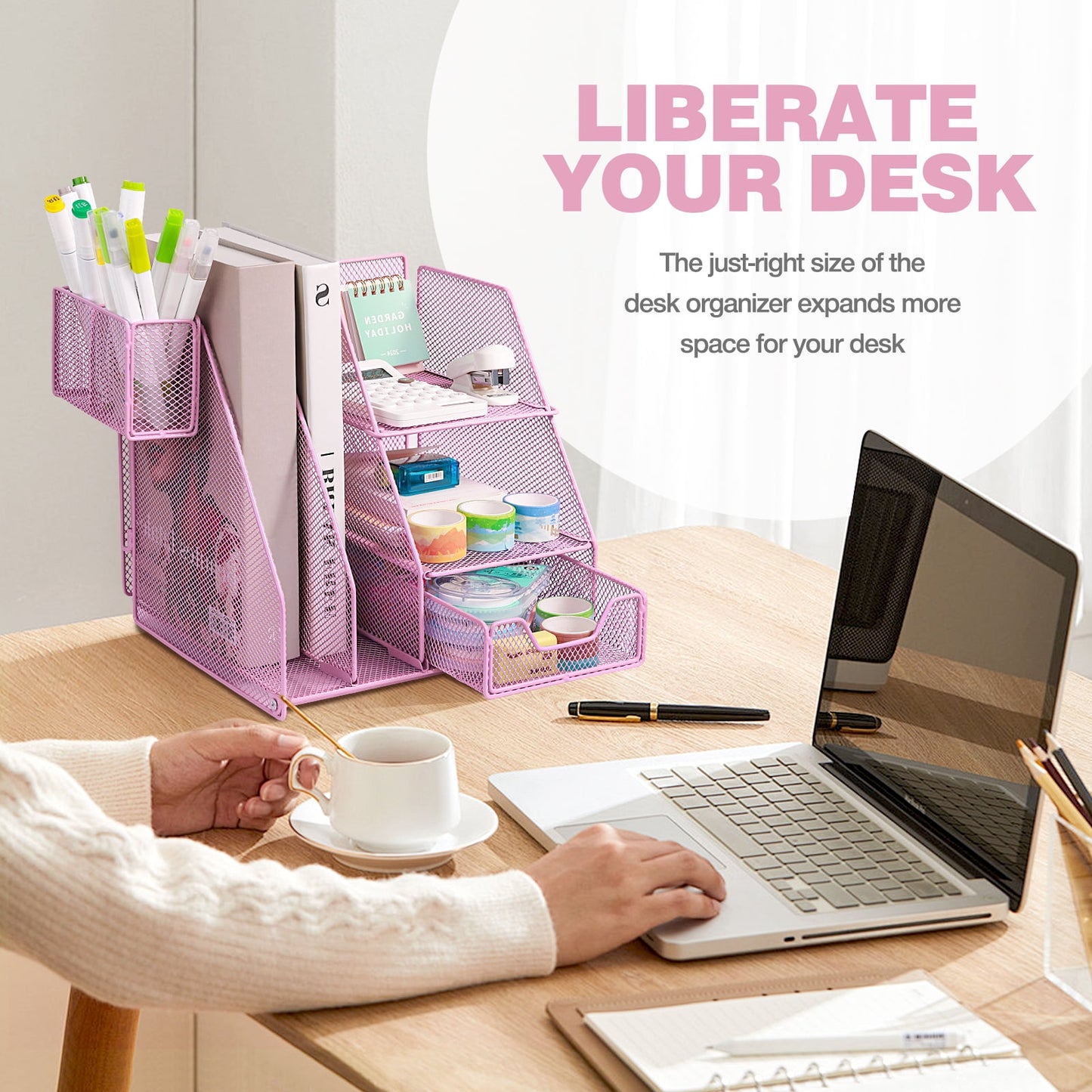 Livhil Desk Organizer Office Accessories, Workspace Rose Gold Desktop Organizer, File Organizer for Desk Drawer Organizer