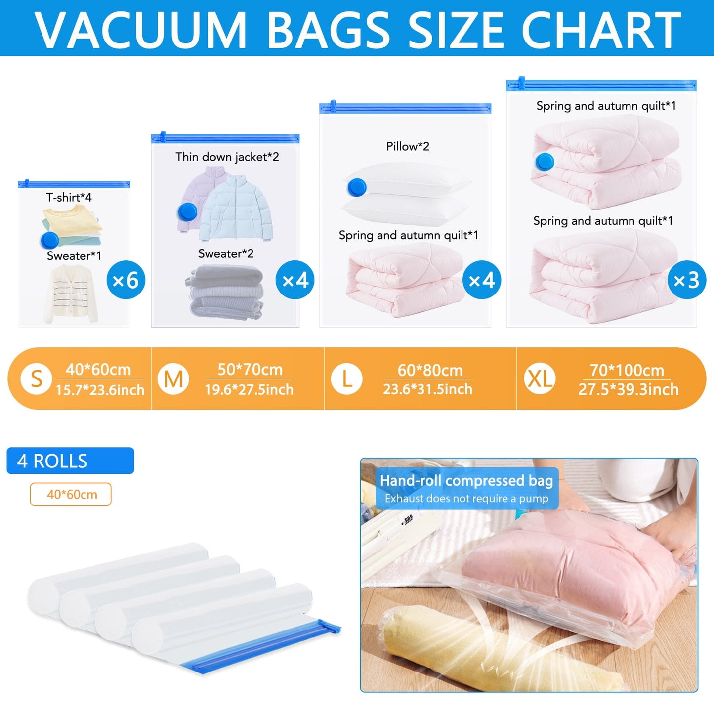 Livhil Vacuum Storage Bags, Home Essentials Space Saver Vacuum Bags Compression, Hand Pump Included