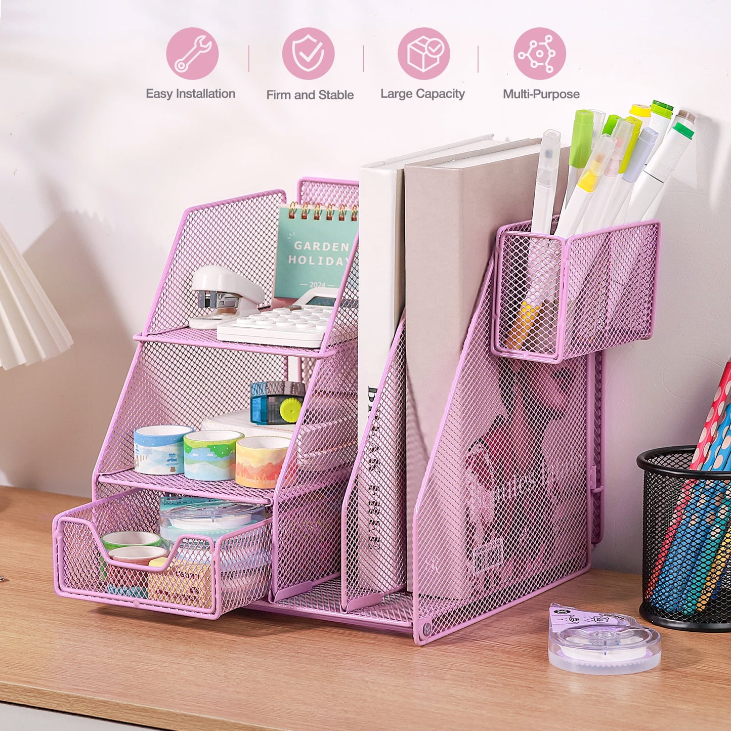 Livhil Desk Organizer Office Accessories, Workspace Rose Gold Desktop Organizer, File Organizer for Desk Drawer Organizer