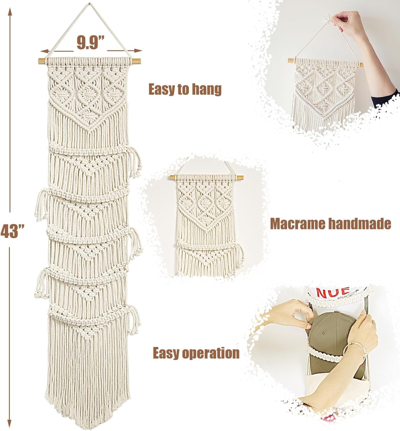 Livhil Boho Hat Rack for the Wall, Macrame Hat Hanger for Baseball Caps Organizer, Bohemian Hat Holder for Hanging Decoration and Display