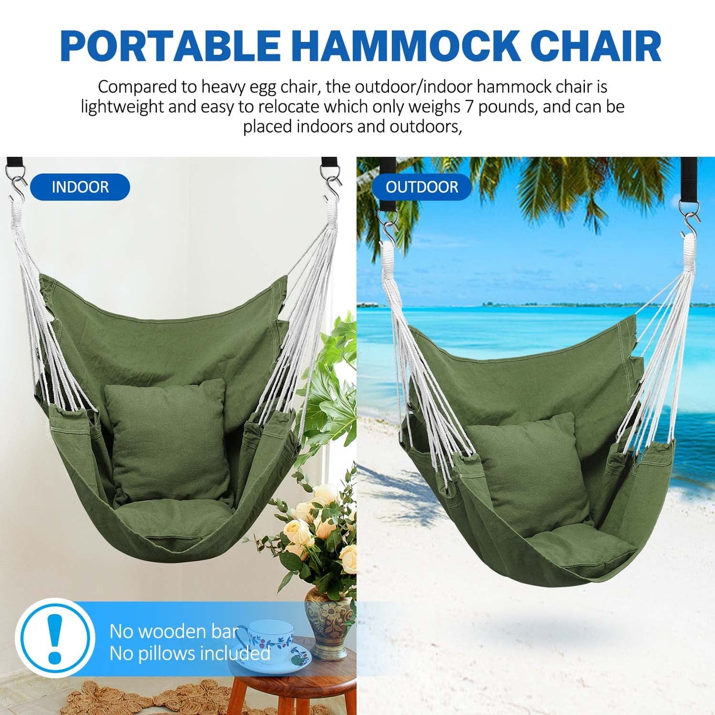 Livhil Hammock Chair Hanging Rope Hammock Swing Chair, Max 330 lbs Portable Hanging Hammock Chair (Dark Green)