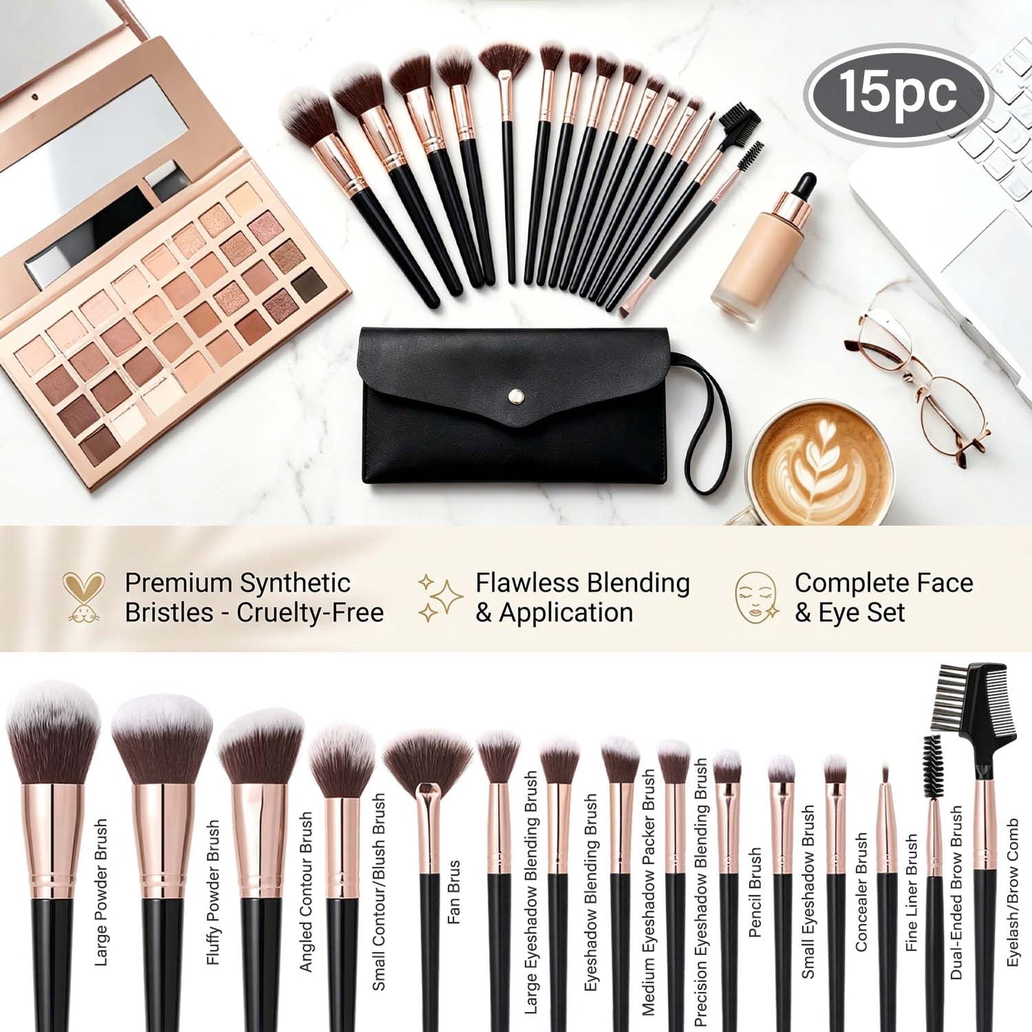 Livhil 15pcs Makeup Brushes Set Professional, Premium Makeup Brushes Kit Set, Eyeshadow Brushes with PU Leather Pouch