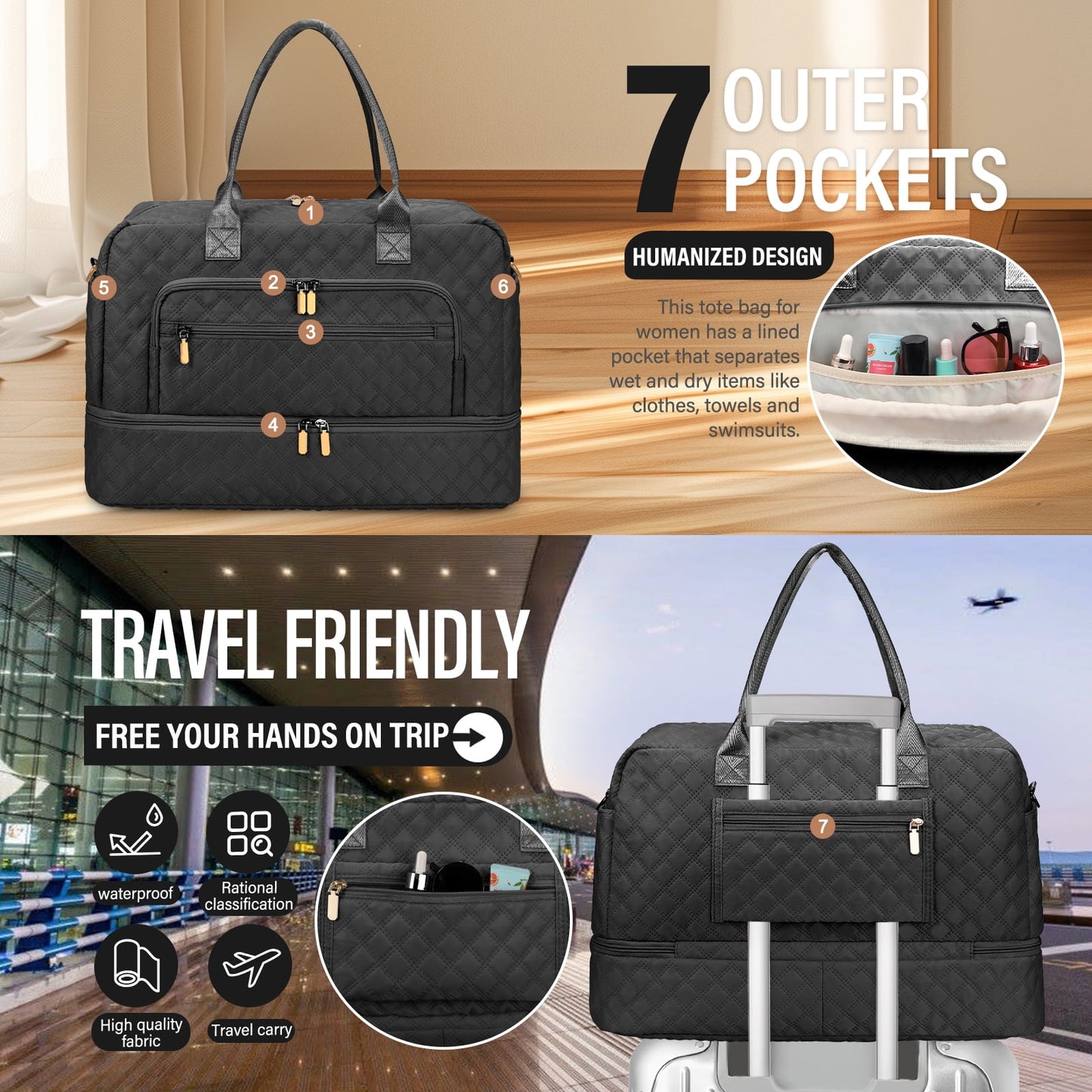 Livhil 2Pcs Large Women Travel Duffle Bag, Carry on Overnight Bag for Women Gym Bag with Shoe Compartment Weekender Travel Bag for Business Trips Sport Hospital