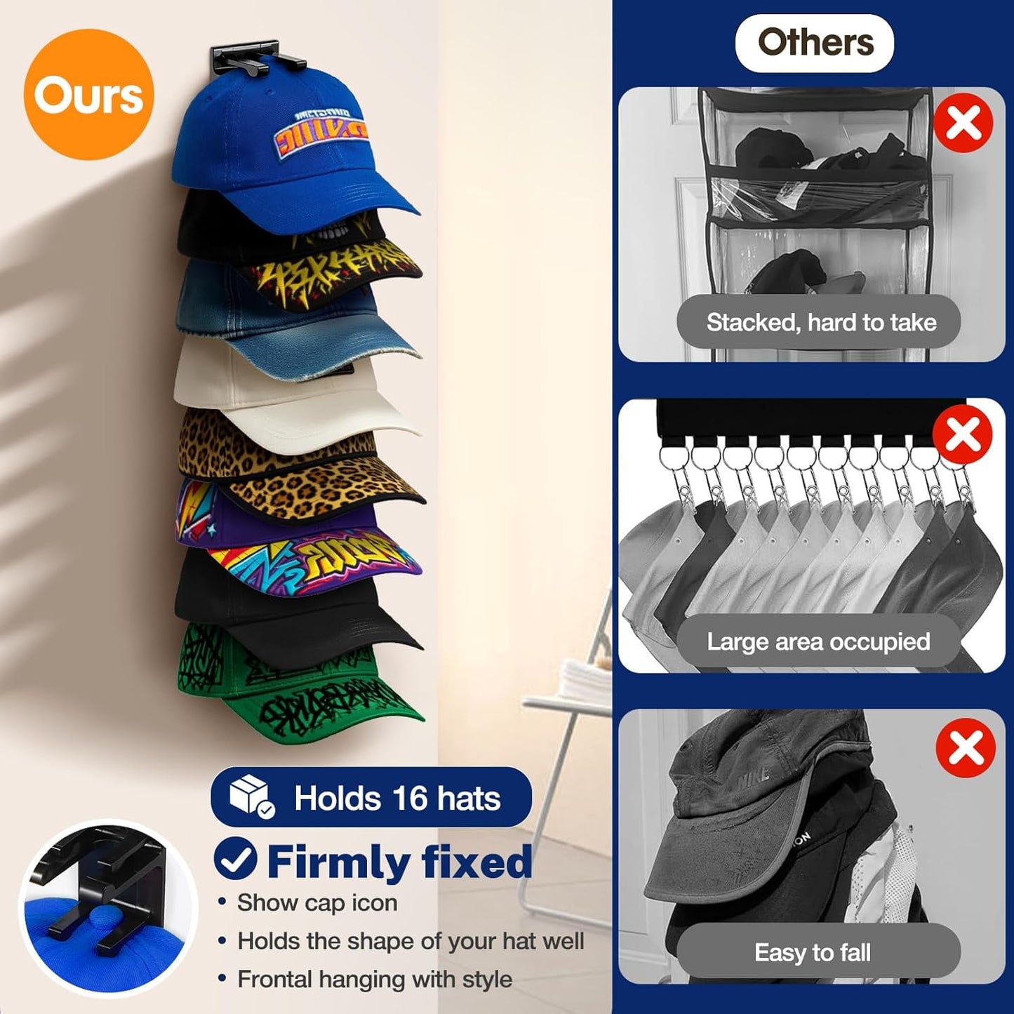 Livhil 2 Pack Hat Rack for Baseball Caps, Adhesive Hat Holder for Wall, Baseball Hat Storage Hold Up to 20 Hats