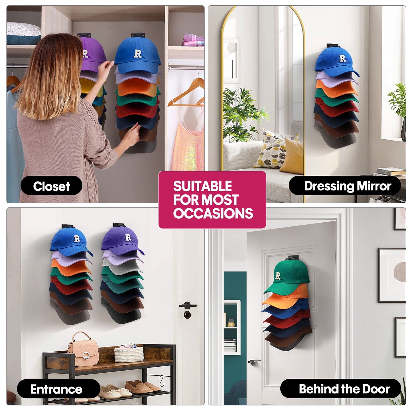 Livhil 2 Pack Hat Organizer for Baseball Caps, Adhesive Hat Rack for The Wall, Baseball Hat Organizer Hold Up to 16 Hats, Black