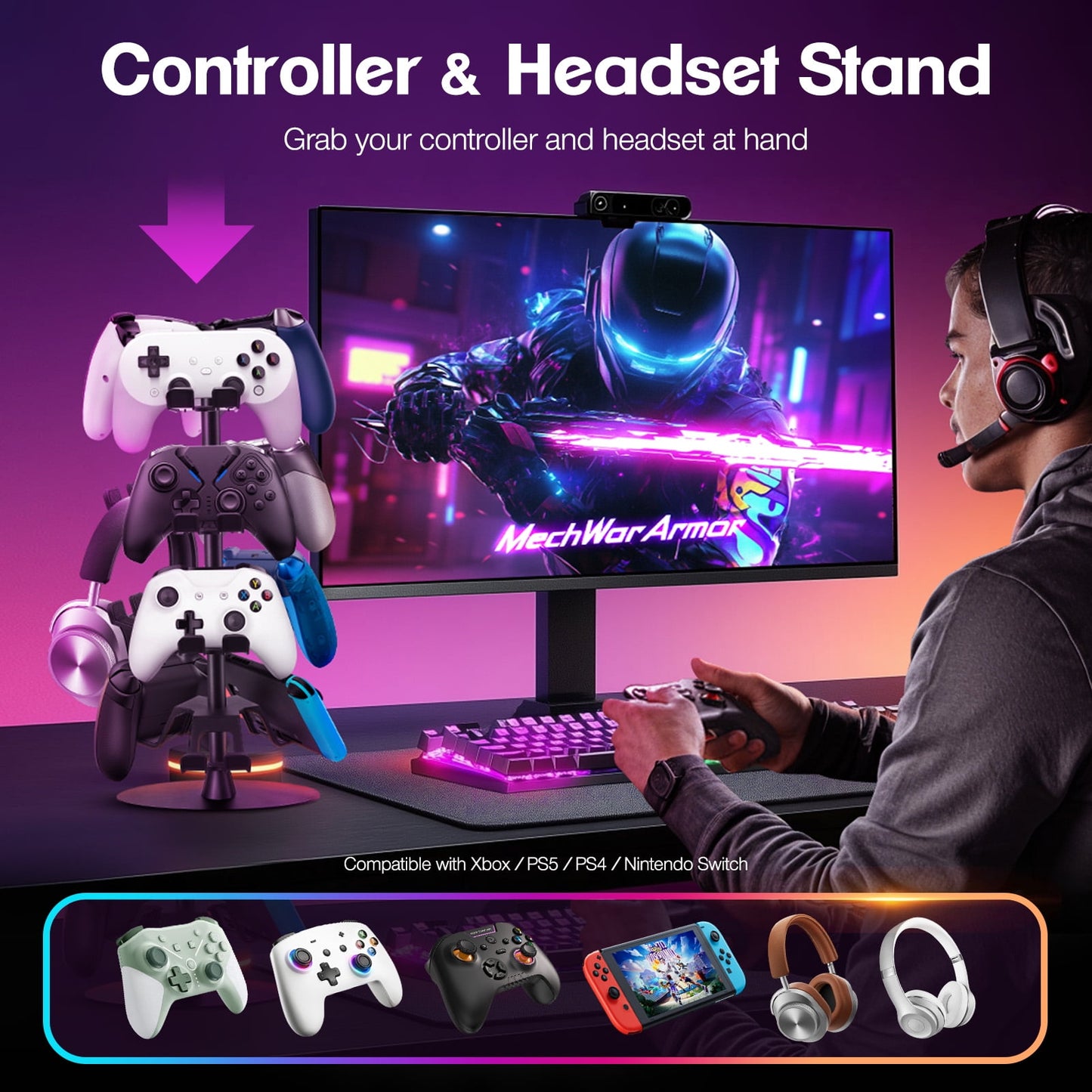Livhil Rotatable Controller Stand, High Stability Headset and Controller Stand for Desk, Universal Game Controller Stand for All Gamepads