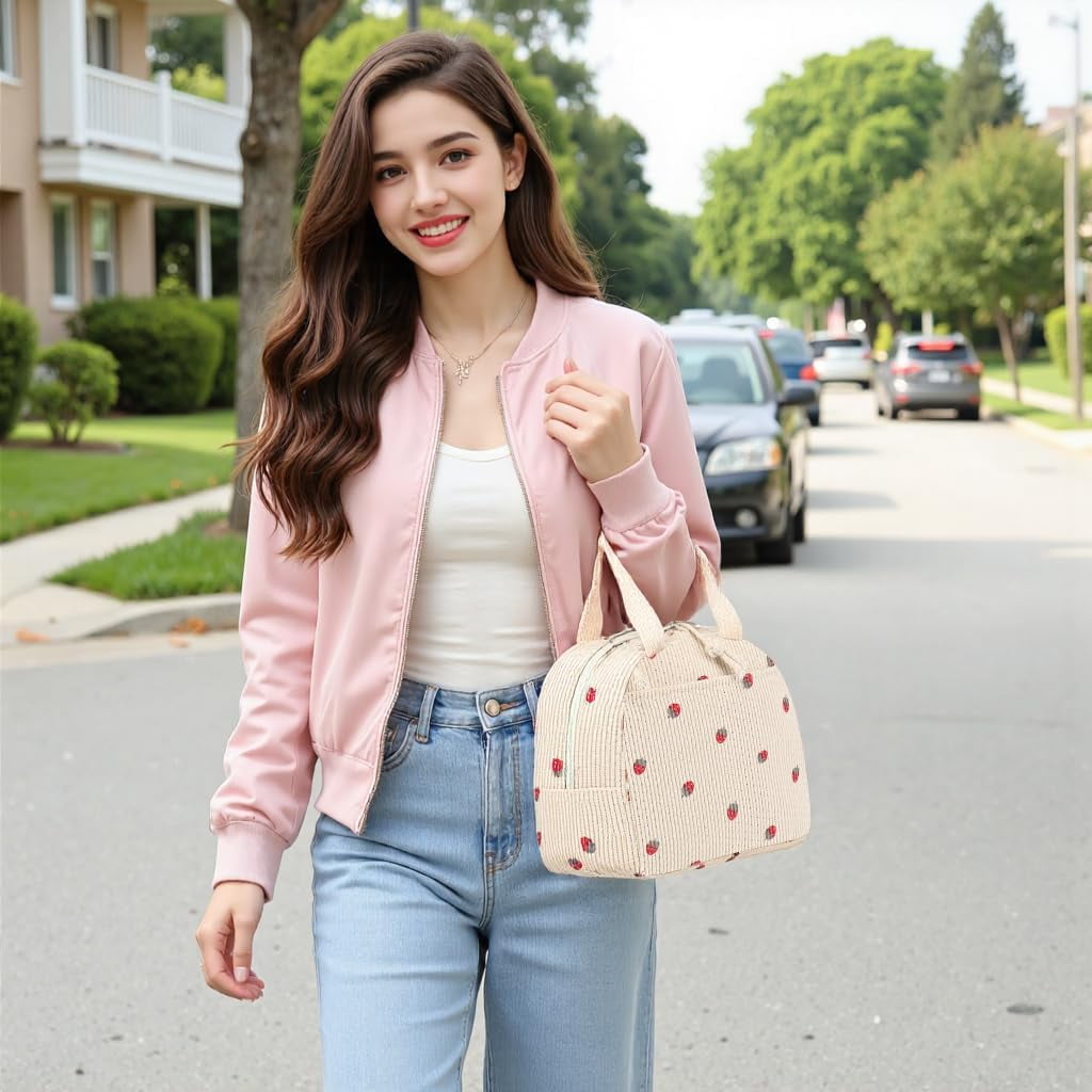 Livhil Corduroy Lunch Bag for Women, Reusable Cute Lunch Tote Bag Insulated lunch Box Bag for Work Picnic, Beige Strawberry
