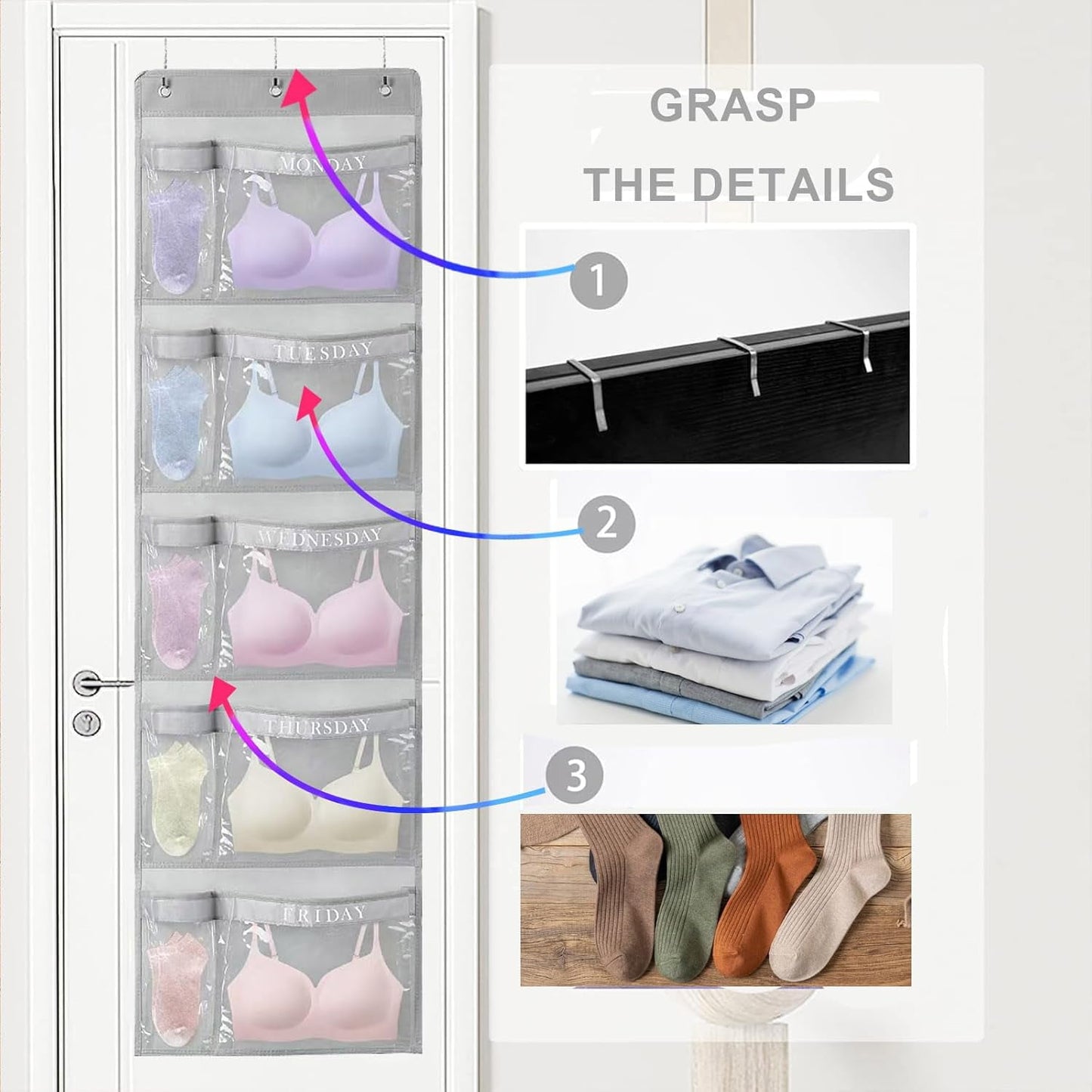 Livhil Hanging Closet Organizer, Weekly Clothes Organizer with Days of the Week Pockets