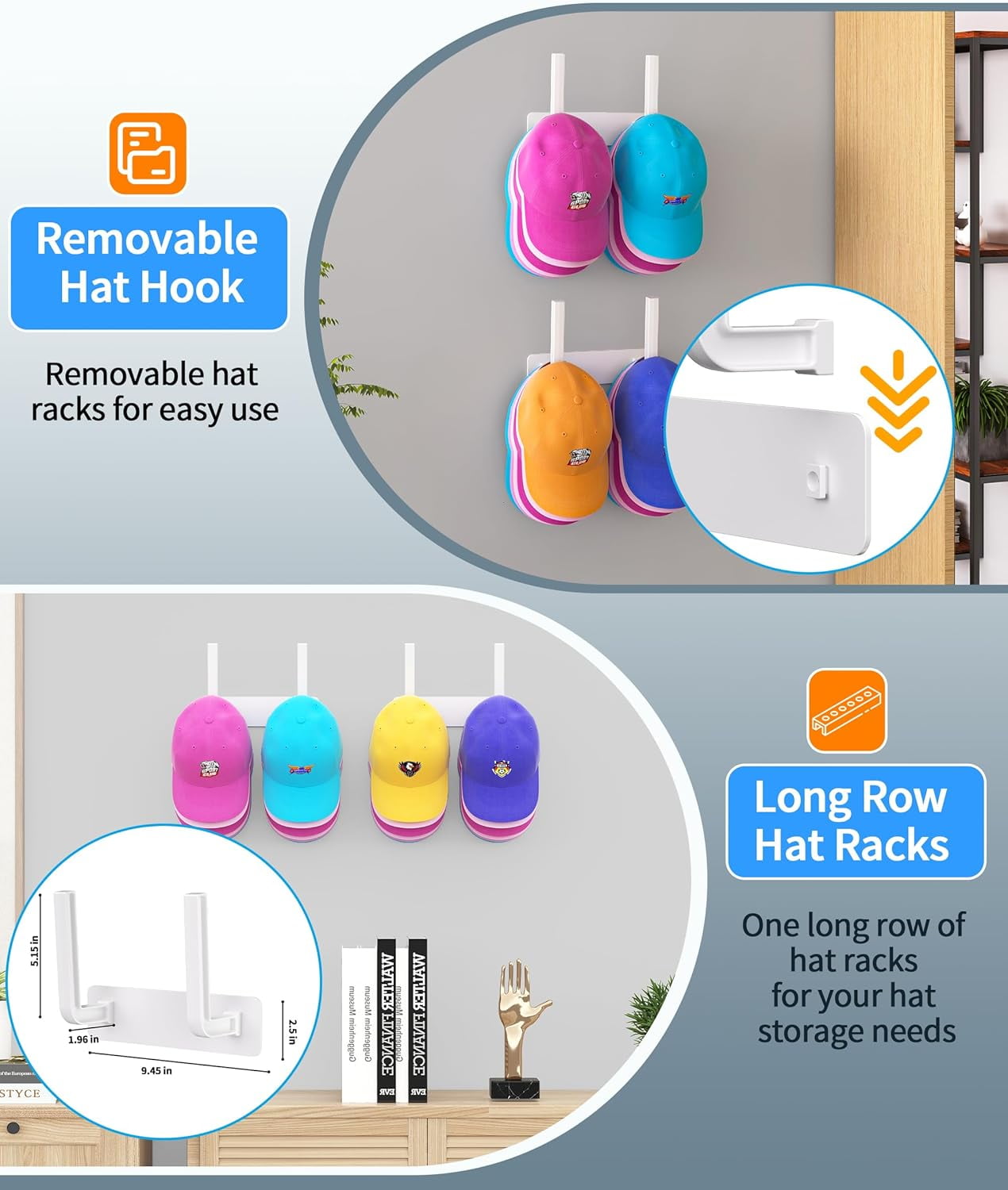 Livhil Hat Rack 2 Packs, Removable Long Row Hat Hooks for Wall, 2 Mounting Options Baseball Hat Organizer Holds 30 Hats