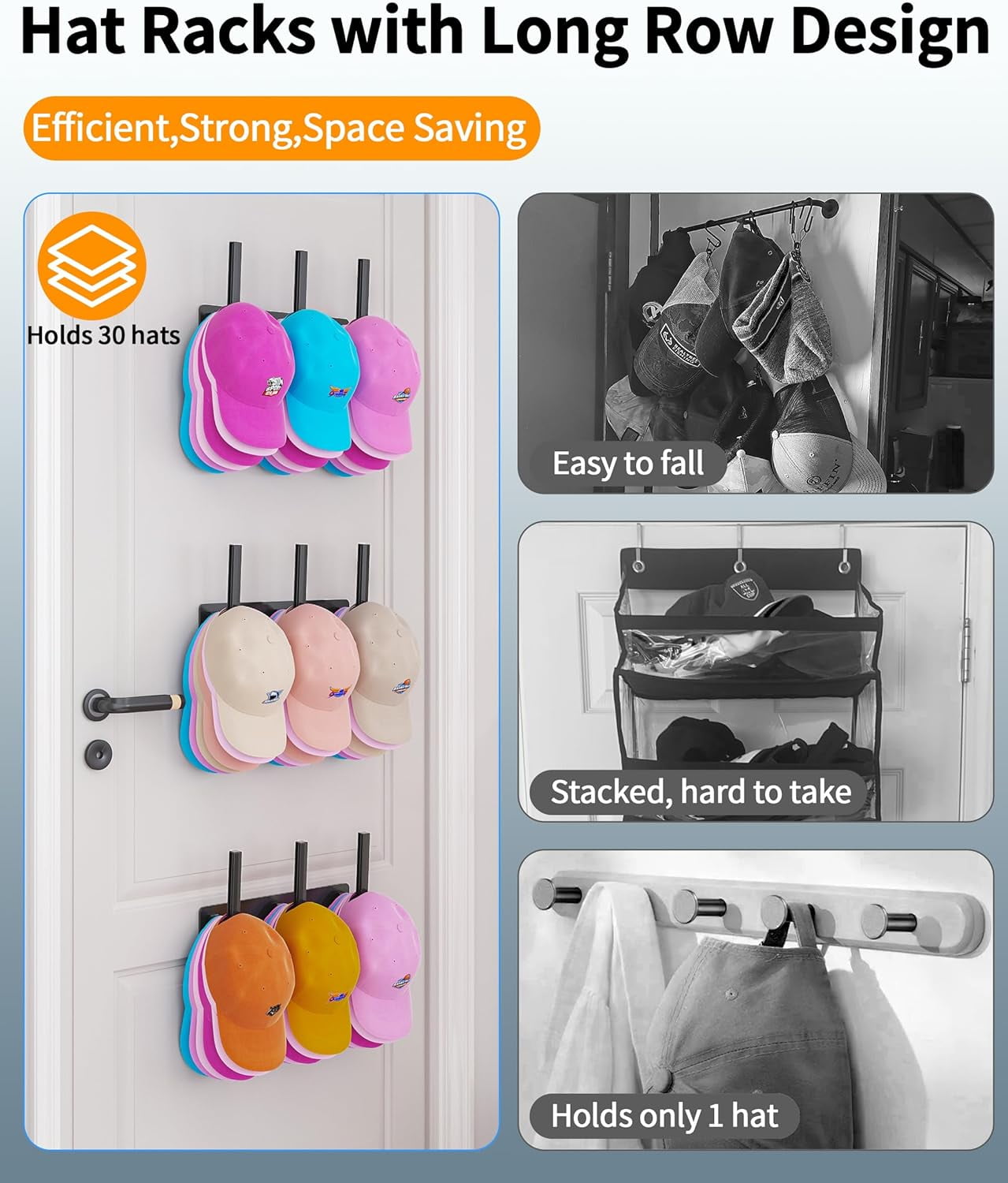 Livhil Hat Rack 2 Packs, Removable Long Row Hat Hooks for Wall, 2 Mounting Options Baseball Hat Organizer Holds 30 Hats