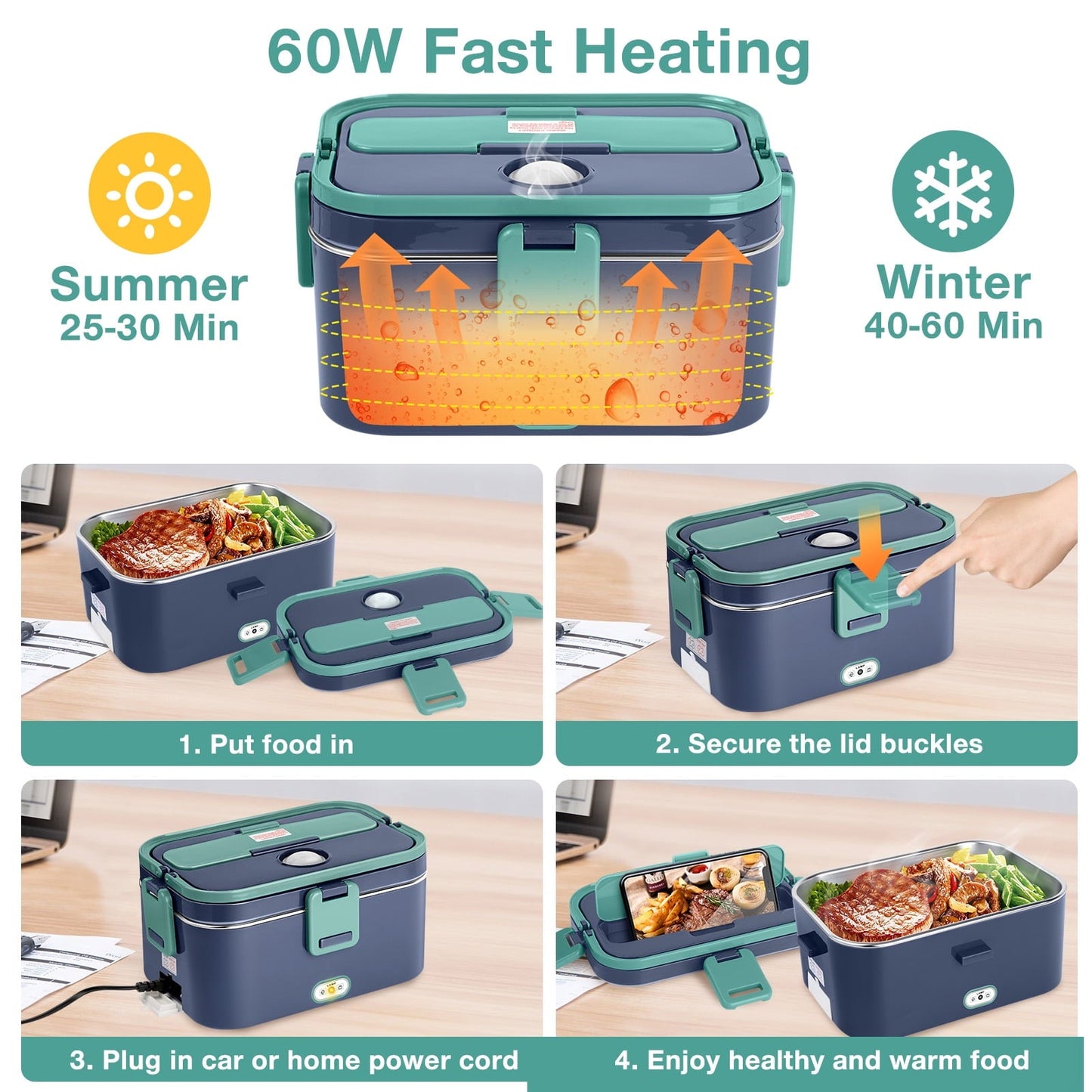 Livhil Electric Lunch Box Food Heater, Portable Food Warmer, Hot Lunch Warmer Heated Lunch Box for Adults, 60W 1.8L 12V-24V 110V Stainless Steel Container Portable Food Heater