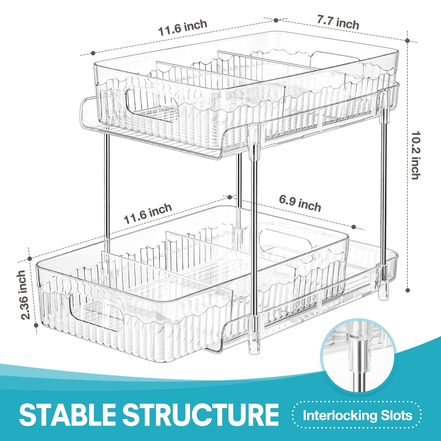 Livhil Under Sink Organizer, 2 Tier Pull Out Clear Under Sink Storage with 3 Removable Dividers, Bathroom Cabinet Organizer Shelf , Stackable Pantry Organization and Storage (11.6×7.7×10.2in）