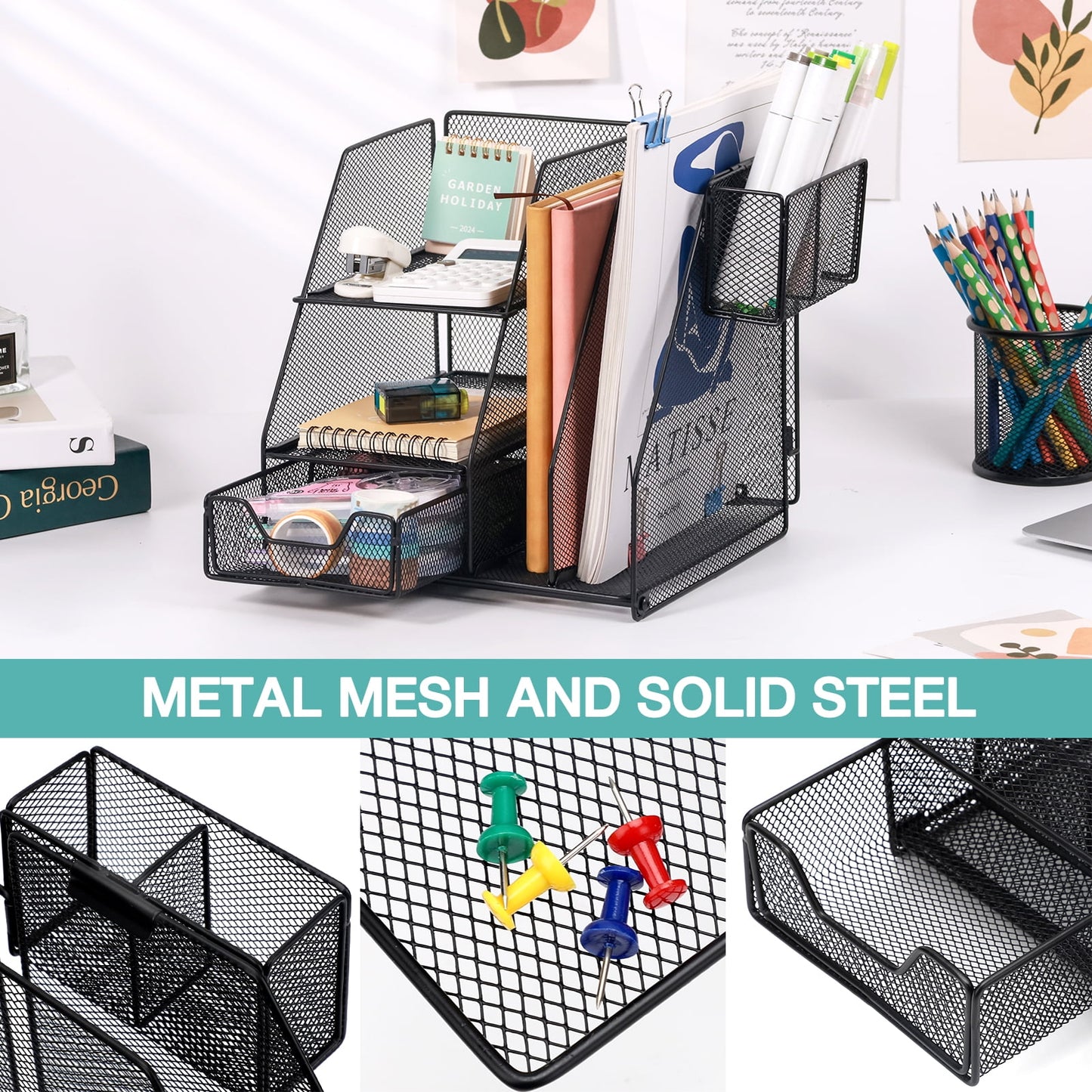 Livhil Desk Organizer Office Accessories, Workspace Rose Gold Desktop Organizer, File Organizer for Desk Drawer Organizer