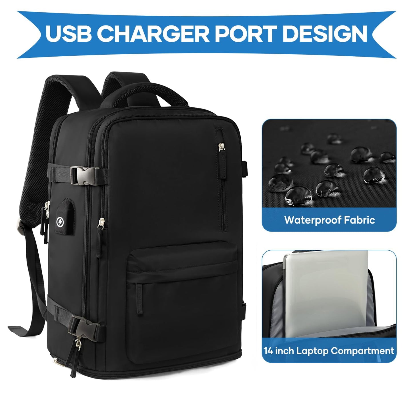 Livhil Travel Backpack for Women & Men, Travel Backpack Carry on Flight Approved Fits 16" Laptop, Black