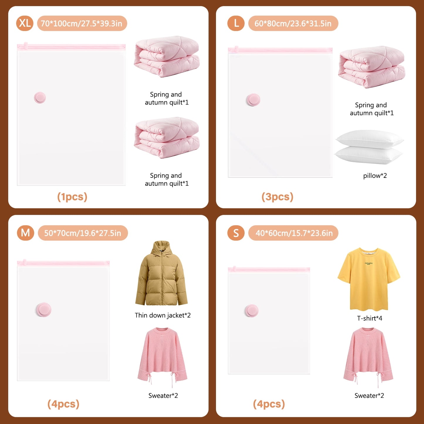 Livhil 15Pcs Pink Vacuum Seal Bags for Clothes, Travel Vacuum Storage Bags with Pump, Dorm Room Essentials, Four Sizes