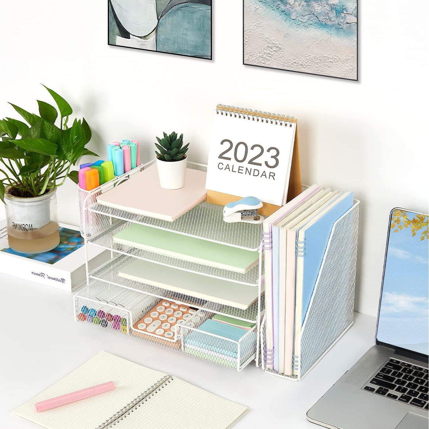 Livhil Desk Organizer Office Accessories, 4-Tier Desk Organizers and Storage & Workspace with Drawer and 2 Pen Holder for Office Supplies (Black)