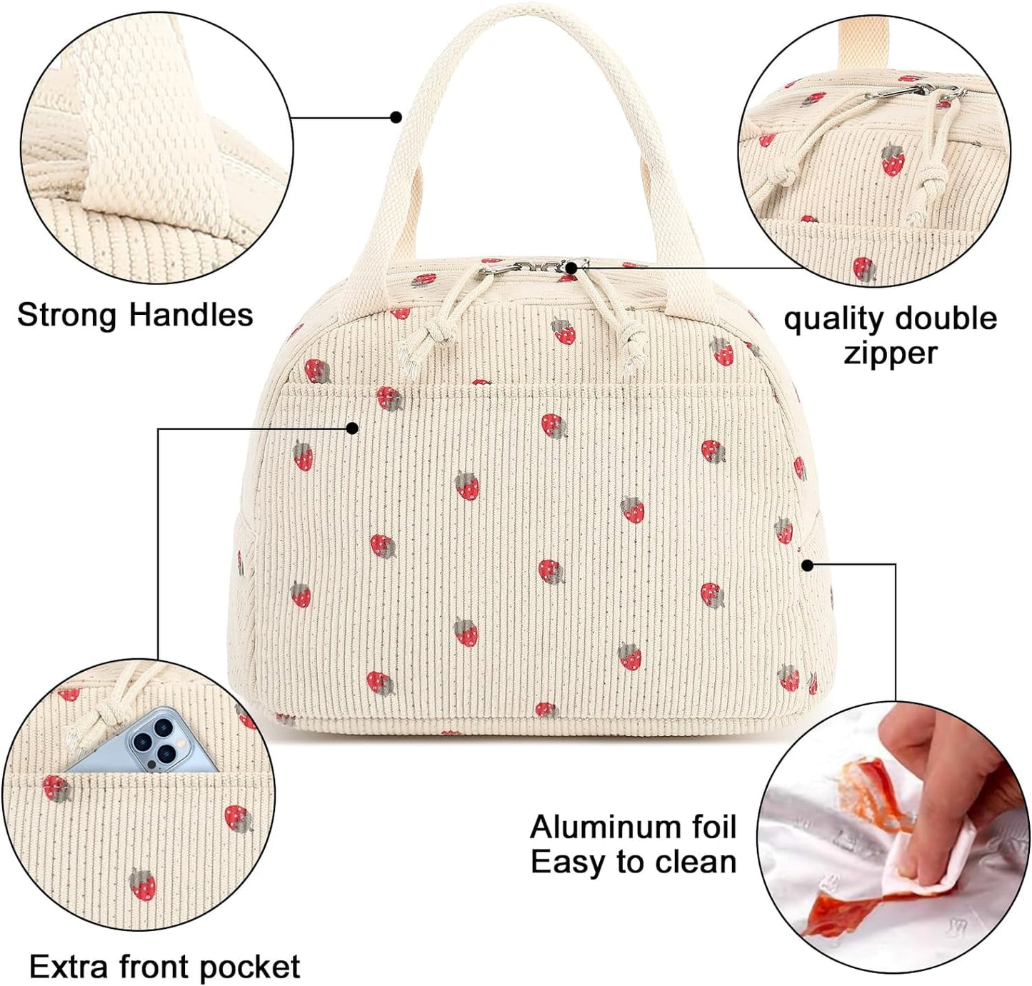 Livhil Corduroy Lunch Bag for Women, Reusable Cute Lunch Tote Bag Insulated lunch Box Bag for Work Picnic, Beige Strawberry