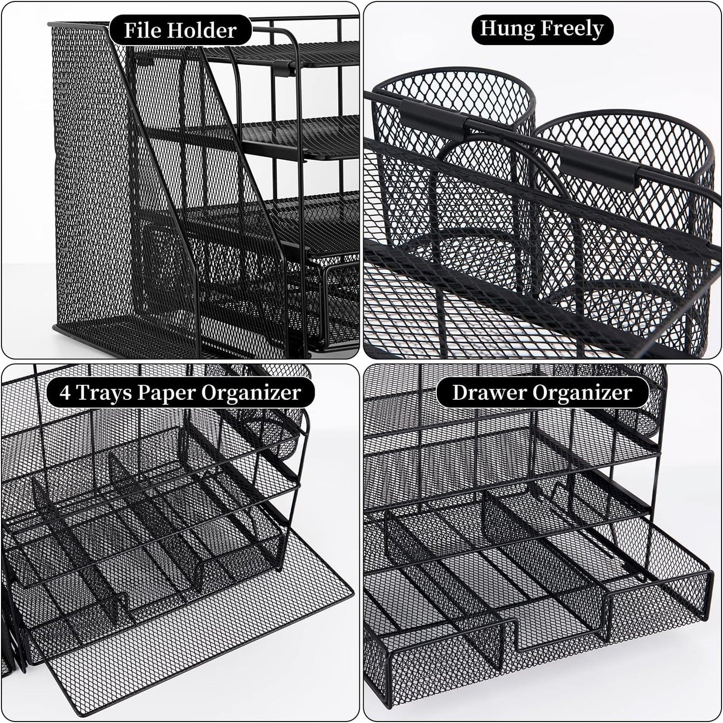Livhil Desk Organizer Office Accessories, 4-Tier Desk Organizers and Storage & Workspace with Drawer and 2 Pen Holder for Office Supplies (Black)
