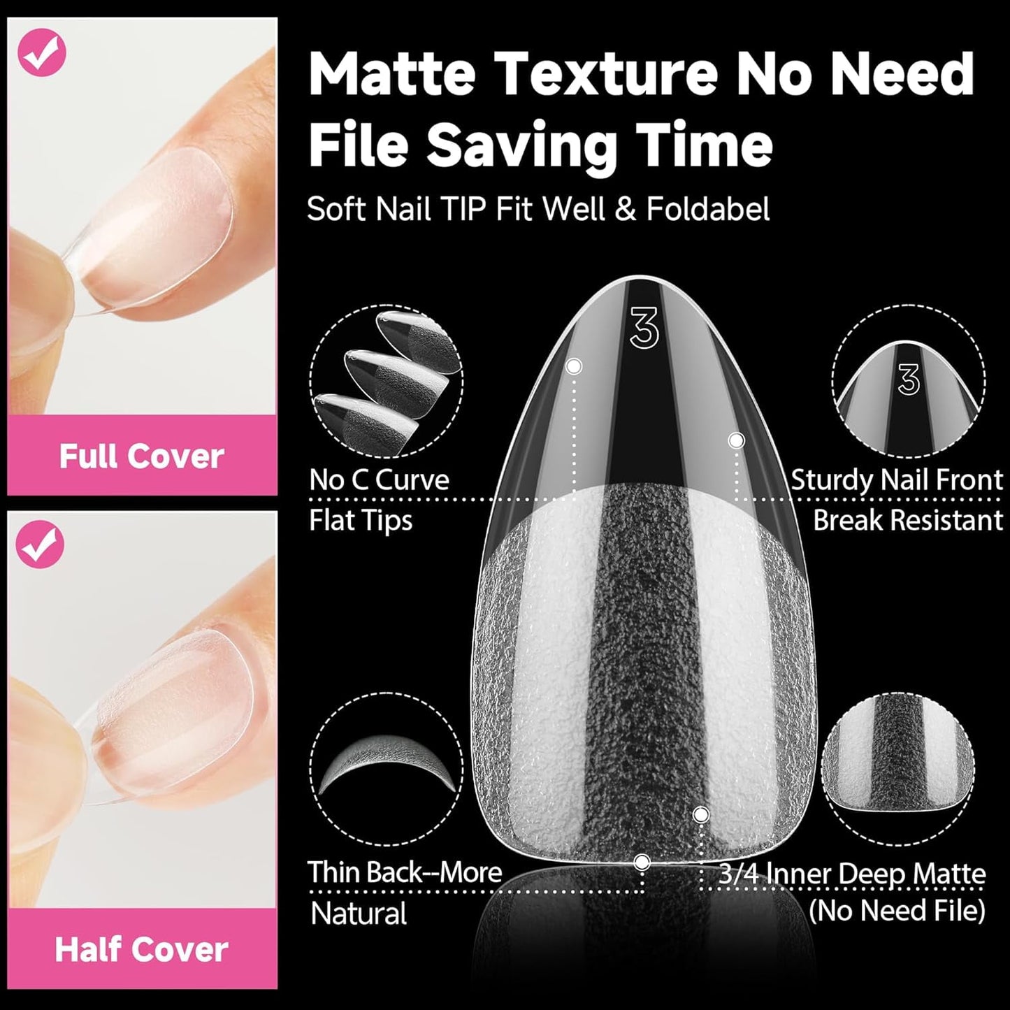 Livhil 312pcs Short Almond Gel Nail Tips, Clear Half Matte Press On Nails for Nail Extensions, Fake Acrylic Nails