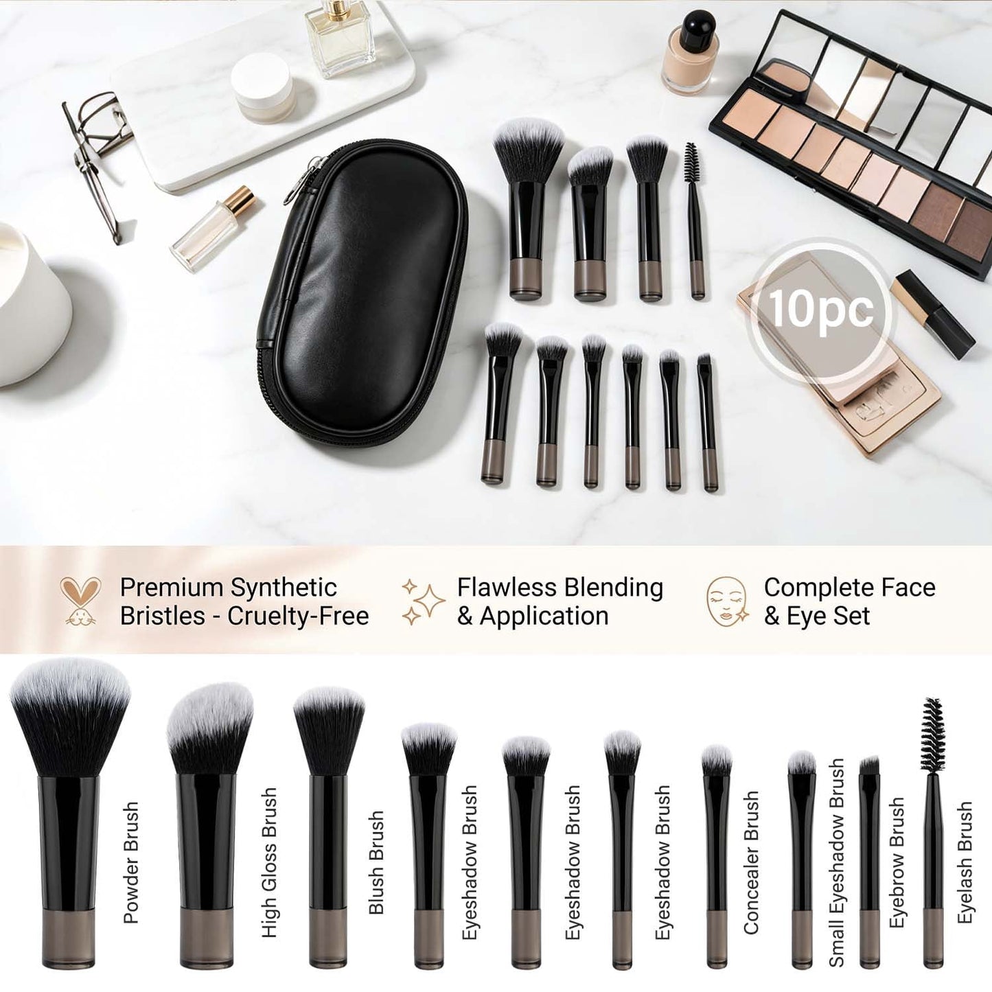 Livhil 10pcs Portable Travel Makeup Brush Set, Function Mini Makeup Brushes with Pouch