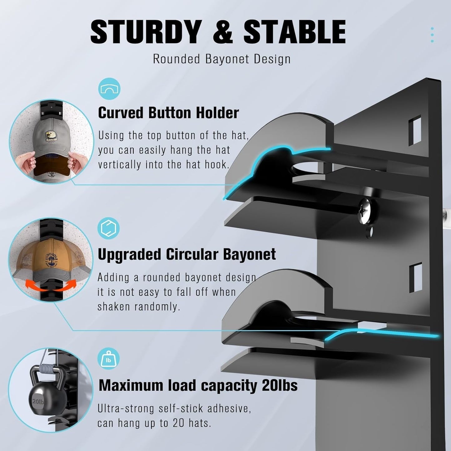 Livhil Hat Organizer for Baseball Caps 2Pack, Hat Rack for Wall with Strong Adhesive Hold up to 20 Hats, Hat Hanger Holder Display for Door Closet