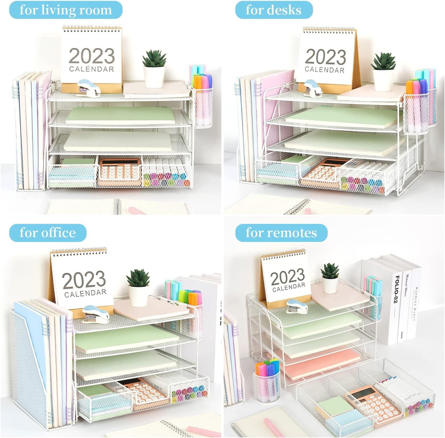 Livhil Desk Organizer Office Accessories, 4-Tier Desk Organizers and Storage & Workspace with Drawer and 2 Pen Holder for Office Supplies (Black)